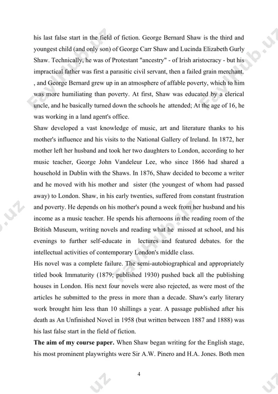 uture father-in-law's fortune and personal income come from exploiting the poor. it could have been a tragic situation, but shaw always seemed determined to avoid tragedy. unlovable lovers do not attract sympathy; it's a social evil rather than a romantic situation where attention is focused, and the action is well organized in the direction of satirical comedy. the course paper includes introduction, main part, conclusion and list of references. the main part includes warren's career-controlled dramatic tendencies, written in 1893 but not performed until 1902 because lord chamberlain, the play's censor, refused to give her permission. its theme is organized prostitution, and its action revolves around an educated young woman discovering that her mother has graduated from "the profession" to become a co-owner of brothels across the country. europe. here again, the economic determinants of the situation are highlighted, and the subject is treated with no remorse and without the …