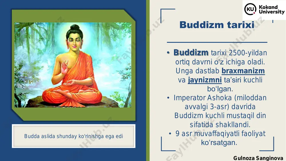 budda g‘or ibodatxonalar majmuasi gulnoza sanginova kushon imperiyasi davrining (eramizning i-iv asrlari) yodgorliklari orasida termizdan 60 km uzoqlikda surxondaryo viloyatining sho‘rchi tumanida joylashgan qadimiy dalvarzintepa shaharchasi alohida o‘rin egallaydi. ushbu obyektni batafsil o‘rganish 1967 yilda tarixchilar galina pugachenkova va m.e. masson tomonidan boshlangan. qadimgi shaharning shimoliy qismida baqtriya maʼbudasi ibodatxonasi va noyob rasmlar topilgan. dalvarzintepa shaharchasi dalvarzintepa surxondaryo viloyati gulnoza sanginova dalvarzintepa 1972 yilda qadimgi shaharchaning ko‘chalari o‘rganilayotganda uy deb taxmin qilinayotgan binolardan birida og‘irligi 36 kg bo‘lgan oltin buyumlar xazinasi topilgan. o‘zining ilmiy ahamiyatiga ko‘ra dalvarzin xazinasi britaniya muzeyida saqlanayotgan mashhur amudaryo xazinasidan qolishmaydi. mazkur hududda miloddan avvalgi i asrning boshlarida barpo etilgan budda ibodatxonasining xarobalari topilgan, bu o‘zbekistondagi eng qadimgi buddaviylik binosi hisoblanadi. kushon imperiyasi davrida bu yerda shaharlar, tumanlar va turar-joylar gullab- yashnagan. ushbu joyda olib borilgan qazish ishlari davomida fil suyagidan yasalgan turli xil buyumlar topilgan, ular orasida dunyoda eng qadimgi shaxmat donalari (eramizning 1-2 asrlari), …
