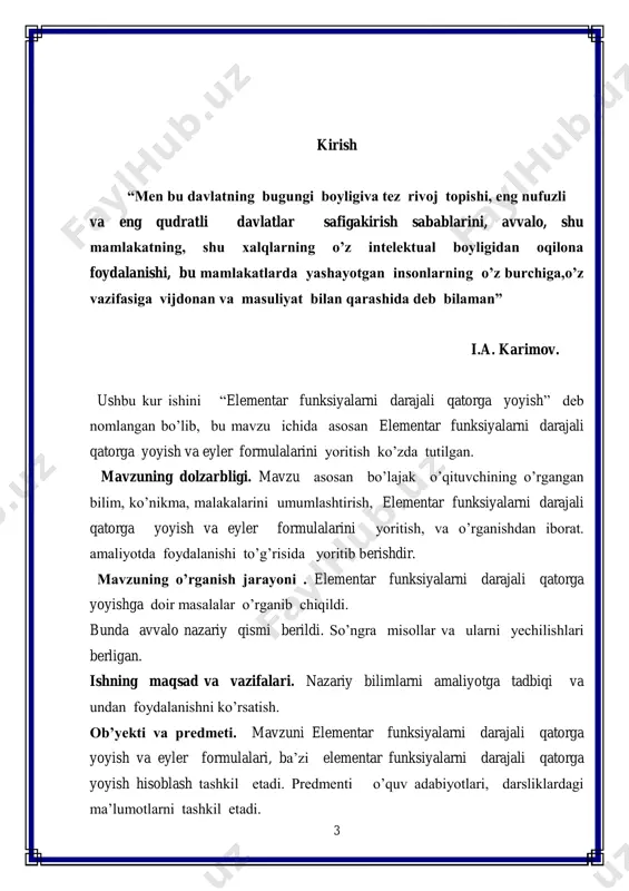n yuqori darajalari uchun ham yozishimiz mumkin. tabiiyki, bu aytilgan cheksiz yoyilma                ... ! ... !2 '' !1 ' 0 02 0 0 0 0 0  n n xx n xf xx xf xx xf xf (4) bo’lsin. bu qatorning qoldiq hadini  xrn deylik:           xrx n f x f x f f n n n  ! 0 ... !2 0'' !1 0' 0 2 . (5) 1-teorema. (5) darajali qator  rr, da  xf ga yaqinlashishi uchun ushbu             xr n f x f x f fxf n nn  ! 0 ... !2 0'' !1 0' 0 2 teylor formulasida,  rrx , uchun   0lim   …