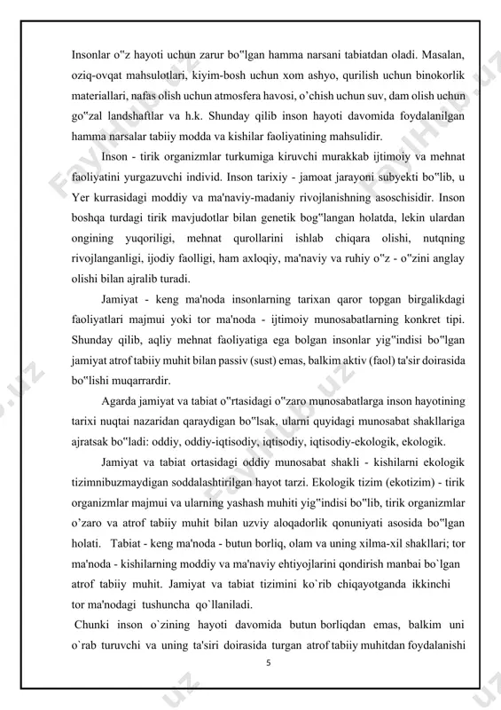 rof tabiiy muhitdan foydalanishi mumkin. shu tariqa insoniyat tarixida jamiyat bilan tabiat o`rtasida to`xtovsiz va xilmaxil o`zaro ta'sirlar ro`y berib kelgan. ammo tabiat insonlarsiz bu moddiy dunyoda hukm surib kelgan, lekin insonlar tabiatning bir bo`lagi bo`lib, ular tabiatsiz hayot kechira olishmaydi. insonlar o`z hayoti uchun zarur bo`lgan hamma narsani tabiatdan oladi. masalan, oziq-ovqat mahsulotlari, kiyim-bosh uchun xom ashyo, qurilish uchun binokorlik materiallari, nafas olish uchun atmosfera havosi, ichish uchun suv, dam olish uchun go`zal landshaftlar va h.k. 1.2. tabiatning inson salomatligiga, hissiy holatiga va ruhiyatiga ta’siri inson tabiatning ajralmas bir bo‘lagidir. u yerda tug‘iladi, yashaydi va nihoyat yana tabiat bag‘riga qaytadi. tabiat inson hayotining barcha jabhalariga, xususan, sog‘lig‘i, hissiy holati va ruhiyati kabi muhim jihatlariga kuchli ta’sir ko‘rsatadi. zamonaviy hayotning shovqin-suronli, texnologiyalarga boy, ammo tabiiylikdan uzoq olamida yashayotgan inson uchun tabiat bir nafaskash joy, tinchlik manbai va ichki muvozanatni tiklovchi kuchdir. avvalo, tabiat inson salomatligi uchun beqiyos manbadir. toza havo, …