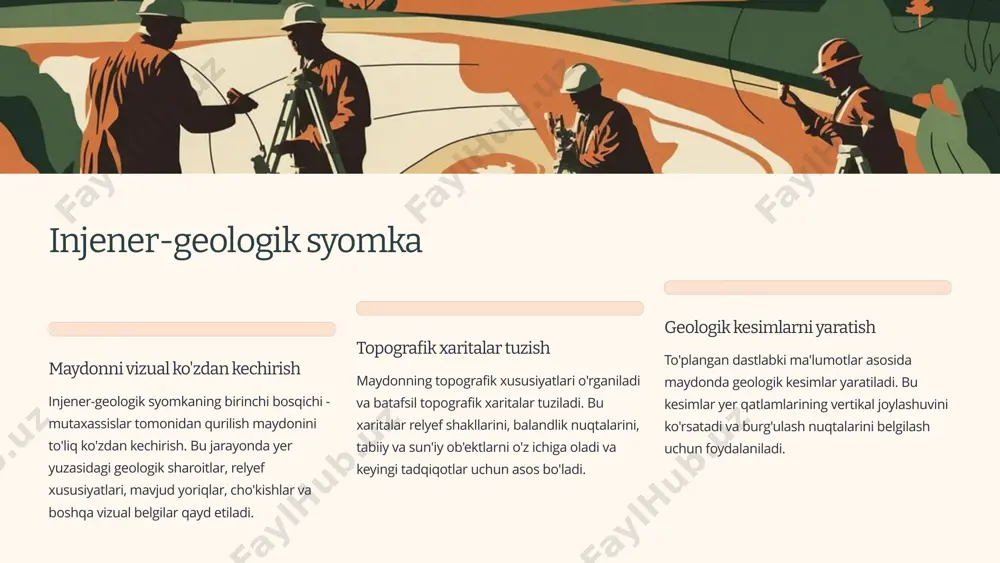 xususiyatlari grunt qatlamlarining yuk ta'sirida qanchalik cho'kishini belgilaydi. deformatsiya moduli, nisbiy cho'kish ko'rsatkichi va boshqa parametrlar orqali aniqlanadi. bu ma'lumotlar inshootlarning cho'kish miqdorini hisoblash uchun zarur. 7 gidrogeologik tadqiqotlar yer osti suvlarining chuqurligi va rejimi gidrogeologik tadqiqotlar davomida yer osti suvlarining joylashuv chuqurligi, mavsumiy o'zgarishlari va oqim yo'nalishlari aniqlanadi. bu ma'lumotlar poydevorlarni loyihalashda, drenaj tizimlarini yaratishda va suv bosish xavfini baholashda muhim rol o'ynaydi. kimyoviy tarkibini aniqlash yer osti suvlarining kimyoviy tarkibi, minerallashuv darajasi va agressivlik xususiyatlari o'rganiladi. bu ko'rsatkichlar betonning korroziyaga chidamliligi, suv o'tkazmaslik materiallari tanlovi va boshqa muhim texnik qarorlarni qabul qilishda hisobga olinadi. filtratsiya xususiyatlarini o'rganish gruntlarning suv o'tkazuvchanlik (filtratsiya) koeffitsienti tadqiqotlarning muhim qismi hisoblanadi. bu ko'rsatkich gruntlarning suv o'tkazish qobiliyatini belgilaydi va drenaj tizimlarini loyihalashda, suv bosimi ta'sirini baholashda zarur hisoblanadi. 8 injener-geologik tadqiqotlar hajmini belgilash qurilish ob'ektining murakkabligi tadqiqotlar hajmi avvalo qurilish ob'ektining murakkablik darajasiga bog'liq. murakkab inshootlar (ko'p qavatli binolar, gidrotexnik inshootlar, sanoat ob'ektlari) …