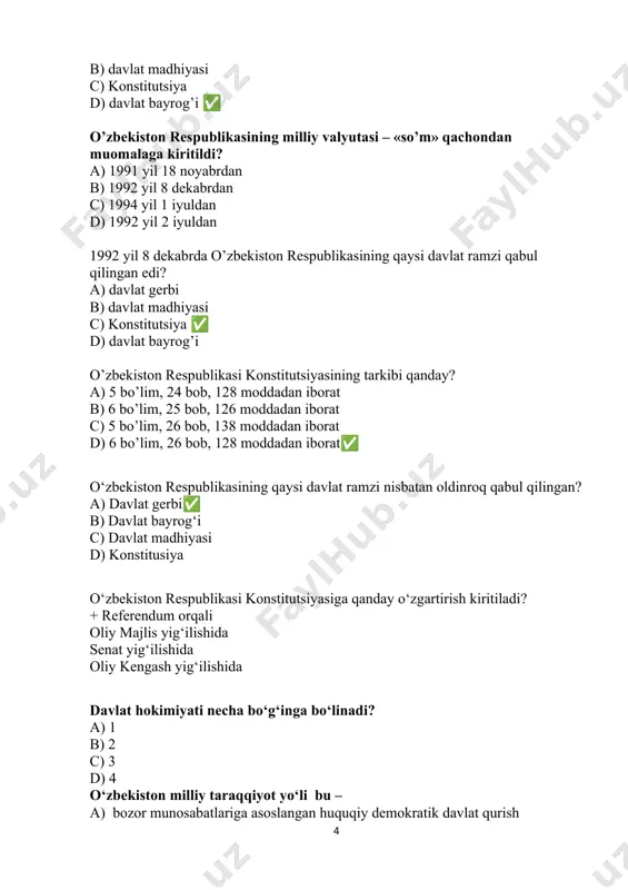 utatlari c) bosh vazir d) viloyat hokimi tumanlarga boysunadigan shahar hokimlari kim tomonida tayinlanadi? a) prezident b) tuman hokimi c) bosh vazir d) viloyat hokimi o‘zbekiston respublikasida saylovlar kim tomonidan tashkil qilinadi? a) prezident tomonidan b) oliy majlis tomonidan c) markaziy saylov komissiyasi tomonidan d) fuqarolar yig’inlari tomonidan o‘zbekiston respublikasida necha yoshga to’lgan shaxslar saylash huquqiga ega? a) 16 b) 18 ✅ c) 21 d) 25 necha yoshdan kam bo’lmagan fuqarolar prezidentlikka saylanishi mumkin? a) 35 yoshdan ✅ b) 25 yoshdan c) 21 yoshdan d) 18 yoshdan necha yoshga to’lgan fuqarolar oliy majlisga saylanishi mumkin? a) 35 yosh b) 25 yosh c) 21 yosh d) 18 yosh necha toshga to’lgan fuqarolar viloyat, tuman, shahar kengashlariga deputatlikka saylanishi mumkin? a) 35 yosh b) 25 yosh c) 21 yosh d) 18 yosh “o’zbekiston havo yo’llari” milliy aviakompaniyasi qachon tashkil etiladi? a) 1990 yil 16 aprelda b) 1994 yil 21 dekabrda c) 1992 …