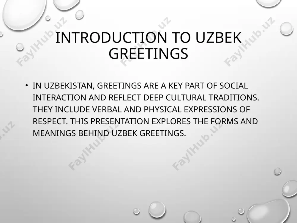 r placing a hand on the heart, are signs of courtesy and respect. respect and hierarchy in greetings uzbek society respects hierarchy. elders and authority figures are greeted first and with formal language. politeness reinforces social harmony. conclusion and reflection uzbek greetings symbolize respect, unity, and identity. understanding these manners promotes cultural appreciation and strengthens relationships in both local and global settings. image3.png image5.png image6.png image7.png image8.png image1.png /docprops/thumbnail.jpeg