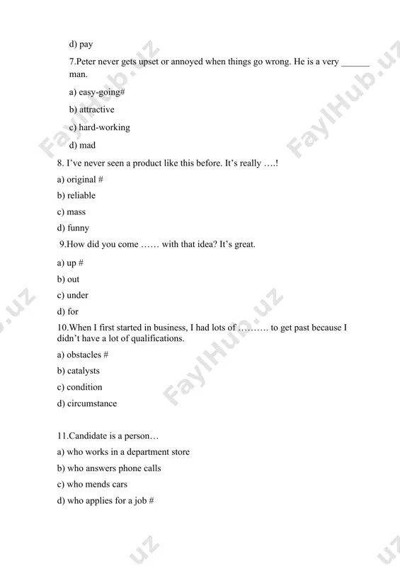 still b) are still c) will still be d) would still be# 19.be in charge …. a department or project a) of# b) at c) to d) from 20.be involved … doing something a) in# b) to c) at d) between 21.be responsible … an area of work. a) to b) at c) of d) for# 21.the machine broke _____ after only a few days. a) down# b) in c) up d) even 23.computer screen is… a) crash b) a monitor # c) upgrade d) a toolbar 24.make a computer more powerful- a) upgrade # b) monitor c) toolbar d) crash 25.how much did you … for your new car? a) pay # b) give c) take d) get 26.i haven’t got enough money, i’m afraid. could you … me some? a) lend # b) collect c) borrow d) find 27.it’s a good school, but the … are rather high. …
