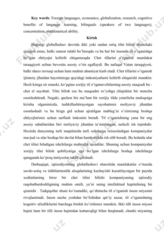 arini o’rganish mamlakat taraqqiyoti uchun bevosita asosiy o’rin egallaydi. bu nafaqat vatan taraqqiyoti, balki shaxs ravnaqi uchun ham muhim ahamiyat kasb etadi. chet tillarini o’rganish ijtimoiy jihatdan hayotimizga quyidagi imkoniyatlarni keltirib chiqarishi mumkin: hech kimga sir emaski, ko’pgina xorijiy til o’rganuvchilarning asosiy maqsadi bu - chet el sayohati. tilni bilish esa bu maqsadni ro’yobga chiqishini bir muncha osonlashtiradi. negaki, qachon biz ma’lum bir xorijiy tilda yetarlicha muloqotga kirisha olganimizda, tashkillashtirayotgan sayohatimiz moliyaviy jihatdan osonlashadi va bu bizga gid uchun ajratilgan mablag’ni o’zimiznng boshqa ehtiyojlarimiz uchun sarflash imkonini beradi. til o’rganishning yana bir eng asosiy sabablaridan biri moliyaviy jihatdan ta’minlangan, nufuzli ish topishdir. hozirda dunyoning turli nuqtalarida turli sohalarga ixtisoslashgan kompaniyalar mavjud va ular boshqa bir davlat bilan hamkorlikda ish olib boradi. bu holatda ular chet tilini biladigan ishchilarga muhtojlik sezadilar. shuning uchun kompaniyalar xorijiy tilni bilish qobiliyatiga ega bo’lgan ishchilarga boshqa ishchilarga qaraganda ko’proq imtiyozlar taklif qilishadi. darhaqiqat, iqtisodiyotning globallashuvi …
