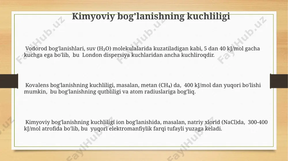 tallning atom radiusi va valent elektronlari soniga bog'liq bo'lib, masalan, temir (fe) kabi yuqori valentli metallar kuchliroq bog'lanish hosil qiladi. ion bog'lanish ion bog'lanishi, masalan natriy xlorid (nacl) tuzida, 1:1 nisbatda elektronlarning to'liq o'tkazilishi natijasida hosil bo'ladi va bu kuchli elektrostatik tortishish kuchlarini keltirib chiqaradi, bu esa qattiq kristall panjarani hosil qiladi. ion bog'lanishi suv kabi yuqori dielektrik doimiylikka ega erituvchilarda osonlik bilan parchalanadi, chunki suv molekulalari ionlarni o'rab olib, ularning elektrostatik tortishish kuchini zaiflashtiradi, bu jarayon gidratatsiya deb ataladi. ion bog'lanishining kuchliligi, ionlarning zaryadlari va ular orasidagi masofaga bog'liq bo'lib, masalan, 2+ zaryadli kaltsiy ioni bilan 1- zaryadli xlor ioni orasidagi bog'lanish, 1+ va 1- zaryadli ionlarga nisbatan kuchliroq bo'ladi. bu avogadro soni bilan bog'liq hisob-kitoblar orqali aniqlanadi. kimyoviy bog'lanish turlari kimyoviy bog'lanishlar, masalan, ion bog'lanishi (masalan, natriy xlorid, nacl) elektrmanfiyligi farqi 1,7 dan yuqori bo'lgan elementlar o'rtasida hosil bo'ladi va 1000 kj/mol gacha energiya ajralishi bilan xarakterlanadi. metall …