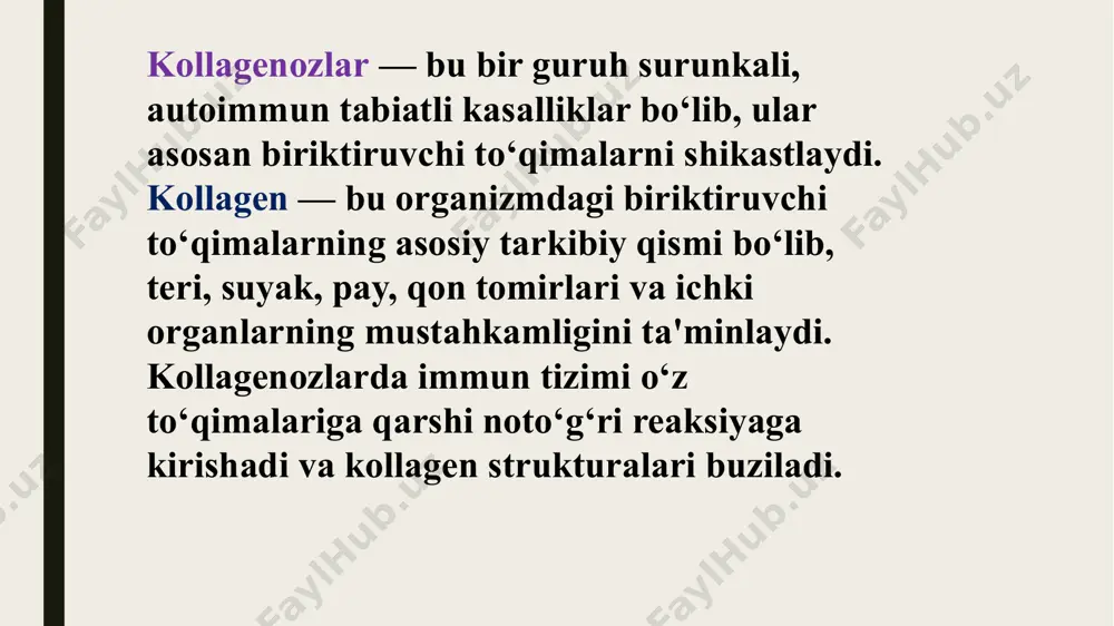 bul qiladi va ularga qarshi immun tizimi orqali hujum qiladi. natijada organizmning o‘z to‘qimalariga qarshi antitelalar hosil bo‘ladi. genetik moyillik: ba’zi odamlar genetik jihatdan kollagenozlarga moyil bo‘ladi. hla (insonga xos antigennlar) tizimi genlarining ayrim turlari bilan bog‘liqligi aniqlangan. tashqi omillar: virus va bakterial infeksiyalar radiatsiya va kimyoviy moddalarga ta’sir stress va gormonal o‘zgarishlar (ayniqsa ayollarda) bu omillar immun tizimining buzilishiga va kollagenozlarning boshlanishiga sabab bo‘lishi mumkin. sitokinlar va yallig‘lanish mediatorlari: immun tizimi faollashganda, organizmda ko‘plab yallig‘lanish mediatorlari (sitokinlar, interleykinlar) hosil bo‘ladi. ular to‘qimalarda yallig‘lanish va shikastlanish jarayonini kuchaytiradi. to‘qimalarda o‘zgarishlar: natijada biriktiruvchi to‘qimalarda kollagen miqdori oshadi, ularning normal strukturasi buziladi, skleroz (qattiqlashish), yallig‘lanish va fibroz jarayonlari rivojlanadi. klinik belgilari kollagenozlarning klinik ko‘rinishlari juda xilma-xil bo‘lib, kasallik turi va organlar zararlanishiga qarab farq qiladi. umuman olganda, belgilarning barchasi sistemali yallig‘lanish va autoimmun jarayonlar natijasida yuzaga keladi. umumiy belgilar: isitma: davriy yoki doimiy bo‘lishi mumkin. kuchsizlik va charchoq: odatda surunkali va og‘ir …