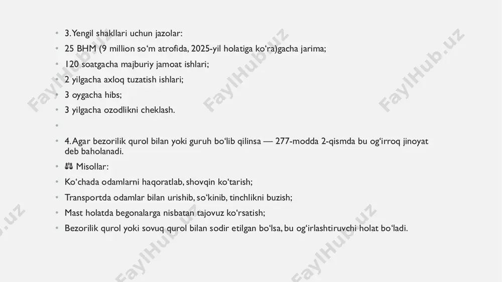 i bildiradi. • misol: militsiya bezorilikni to‘xtatmoqchi bo‘lganida, jinoyatchi unga uradi yoki qurol bilan tahdid qiladi — bu 277-modda 3-qismga to‘g‘ri keladi. • jazo: • • 5 yildan 7 yilgacha ozodlikdan mahrum qilish. • bu — eng og‘ir jazo hisoblanadi. • jinoyatchi ozodlikdan mahrum qilinadi, ya’ni turmaga yuboriladi. • sudlar bu modda bilan sudlanganlarga nisbatan yumshoq yondashmaydi, chunki bu harakatlar jamiyat uchun katta xavf tug‘diradi. • qisqacha eslab qolish • belgilar mazmuni • qurol ishlatilganmi? ha — og‘irlashadi • odam jarohatlanganmi? ha — og‘irlashadi • militsiyaga qarshilik bo‘lganmi? ha — og‘irlashadi • jazo 5 yildan 7 yilgacha ozodlikdan mahrum qilish • qo‘shimcha eslatma: • • bezorilik jinoyati yakka holda yoki jamoat joyida, uy ichida yoki internet orqali ham bo‘lishi mumkin, lekin 3- qism faqat jismoniy holatlar va qurol bilan tahdid mavjud bo‘lgan holatlarda qo‘llaniladi. • • bu qism ko‘pincha boshqa moddalar (tan jarohati, tahdid, qurolli hujum) bilan kombinatsiyada qo‘llanadi. slide …