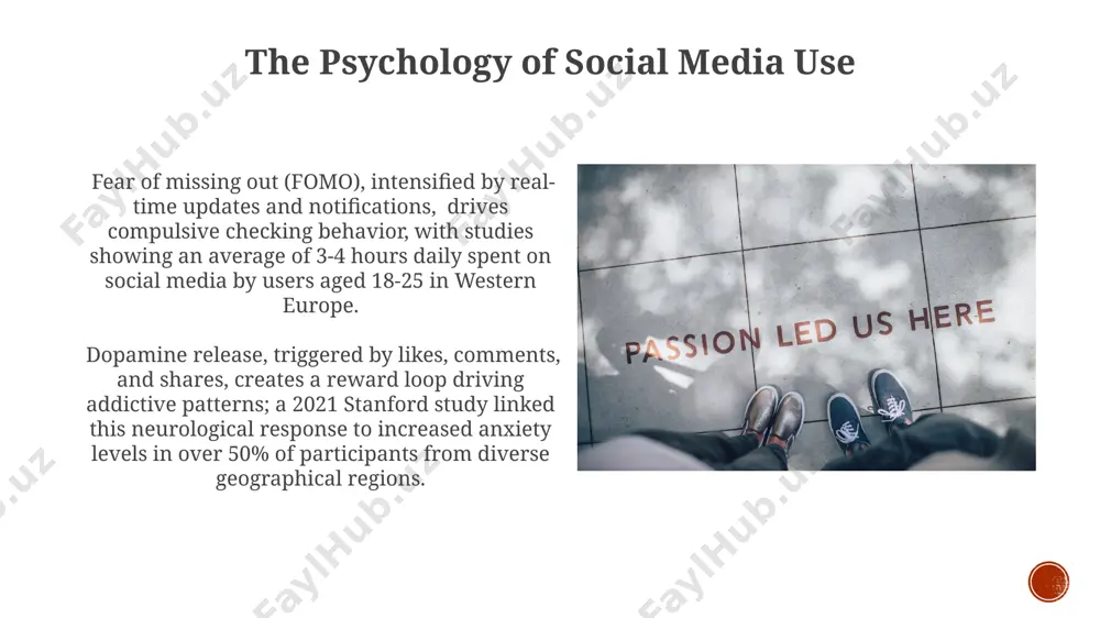 ions. schedule specific "digital detox" times, like 2 hours before bed each night, to improve sleep quality and reduce anxiety. this is especially important in high-stress cities like new york city. social media platforms and their impact tiktok's algorithm, driven by over 1 billion monthly active users globally, prioritizes engagement over chronology, impacting user attention spans and potentially fostering filter bubbles, especially amongst younger demographics in countries like india. instagram's emphasis on visual content and influencer marketing has led to a 30% increase in body image issues among 13-17 year-olds in australia, highlighting the platform's potential negative psychological impact on specific user demographics. thank you for your attention @taqdimot_robot image4.jpg image5.jpg image6.jpg image7.jpg image8.jpg image9.jpg image10.jpg image11.jpg image12.jpg image1.png image2.png image3.png