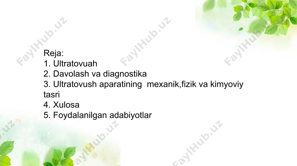 ga mexanik, fizik, kimyoviy va issiq taʼsir kidali. ultratovushning terapevtik taʼsiri mahalliy va umumiy reaksiyalardan iborat boʻlib, neyroreflektor va gumoral yoʻl orqali yuzaga chiqadi. ult ratovush maʼlum dozada ogʻriqsizlantiruvchi, soʻruvchi, yalligʻlanishga qarshi, spazmolitik, fibrionolitik, qonni suyultiruvchi taʼsir qiladi. uning taʼsirida bitish va tiklanish jarayonlari tezlashadi, nervmuskul apparati qoʻzgʻaluvchanligi oshadi. periferik nerv tolasidan impuls oʻtishini tezlashtiradi, toʻqimaning trofik funksiyasini yaxshilaydi va h.k. tayanch-harakat apparati kasalliklari (artrit, artroz, revmatoid artrit, periferik nerv sistemasi jaroxati va kasalligi, hazm aʼzolari kasalliklari, meʼda va 12 barmoq ichak kasalliyutari), quloq, tomoq va burun kasalliklari (tonzillit, faringit), ginekologik kasalliklar (salpingoofaritlar), urologik kasalliklar (prostatit) va stomatologik kasalliklar (parodontoz)la yaxshi naf beradi. pekin ultratovushni qoʻllash bemorga toʻgʻri kelishikelmasligini faqat vrach aniqlab beradi. toʻqimalarni kesish kabi xirurgik operatsiyalarda ham ultratovush asboblaridan foydalaniladi. ultratovush diagnostika maqsadlarida tosh va yot jismlarni, homilaning joylashish holati hamda boshining oʻlchamini va boshqalarni aniqlashda qoʻllaniladi. ultrasonik tebranishlarga ta’sir qilish samarali yallig’lanishga qarshi, rezorbsiya, og’riq qoldiruvchi ta’sirga …