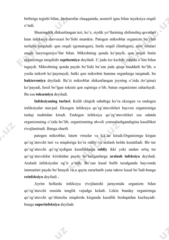 sida tenglik vujudga keladi. lekin bunday organizmga qo’zg’atuvchi qo’shimcha miqdorda kirganda kasallik boshqatdan kuchayadi-bunga superinfeksiya deyiladi. ba’zan klinik belgilari yo’qolgandan keyin ham organizim qo’zg’atuvchidan holi bo’lmaydi va ma’lum sharoitlarda kasallik qayta o’tkirlashib kasallikning klinik belgilari paydo bo’ladi, bu resediv deb ataladi. infeksion kasallikning kechishida makroorganizm va tashqi muhit omillarining ahamiyati hayvon organizmida infeksiyaning paydo bo’lishi va rivojlanishi uchta sharoitga bog’liq: 1) hayvon organizmining immunli holatiga; 2) kasallik qo’zg’atuvchi mikroblarning patogenlik darajasiga; 3) tashqi muhit sharoiti (ta’siri)ga. avvalo hayvon organizmi immun holatining infeksiya paydo bo’lishi va rivojlanishidagi roliga to’xtalib o’tamiz. makroorganizmning infeksion kasalliklarga chidamliligi, uning anatomo-fiziologik xususiyatlari, infeksion agentning to’qimalarga kirishi va ko’payishiga to’sqinlik qiladigan organizmning tug’ma himoyaviy vositalariga bog’liq bo’ladi. hayvon organizmida paydo bo’ladigan himoyaviy vositalar to’plamining reaktivligi organizmda stress holatni paydo qiladi. bu paytda zararlovchi faktorlar — patogen mikroblarning makroorganizmda himoya vazifasini bajaruvchi har xil organ va to’qimalar bilan o’zaro munosabati namoyon bo’ladi. himoyaviy vositalarni jalb qilish va neyrogumoral …