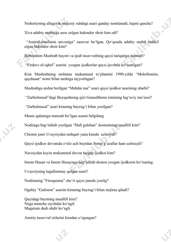 rani istar, to subh yaqo yirtmadi – mehr oʻlmadi paydo. ushbu misralar muallifi kim? “husnu dil” dostoniga nechta munozara kiritilgan? turkiy xalqlar tarixini oʻrganishda jahonda asos hisoblangan asar qaysi? 1871-1874- yillarda “shajarayi turk” asarini fransuz tiliga tarjima qilgan olim kim? mazkur bayt qaysi asardan olingan? navo parda ichra navosoz boʻlur, ki, beparda ohang afgʻon boʻlur. ogahiy badriddin hiloliyning qaysi asarini tarjima qilgan? “ta’viz ul-oshiqin” devonidagi forsiy tilda bitilgan she’rlar hajmi qancha? ogahiyning oʻz jozibasi, badiiy kashfiyotlarga boyligi bilan ajrallib turadigan gʻazali qaysi? hayot yoʻli afsonalarga qorishib ketgan, surati-yu siyrati rivoyatlarda bayon etilgan, xalq orasida halollik, toʻgʻrilik, haqqa oshiqlikning timsoli boʻlib gavdalanadigan ijodkor kim? “qissasi mashrab” da aytilishicha, mashrab ofoq xoʻja huzuriga borganda, hazrat mashrabdan kimning gʻazalini oʻqishni soʻraydi? siyosat va davlatga munosabat borasidagi mulohazalar bayon etilgan “qasidai nasihat” kimning asari? ogahiy 1839-yilda munis boshlab qoʻygan qaysi asarni davom ettirib, xiva xonligining 1825-yilgacha boʻlgan tarixini yozib tugatadi? ogahiyning xiva xonligining 1825-yildan …