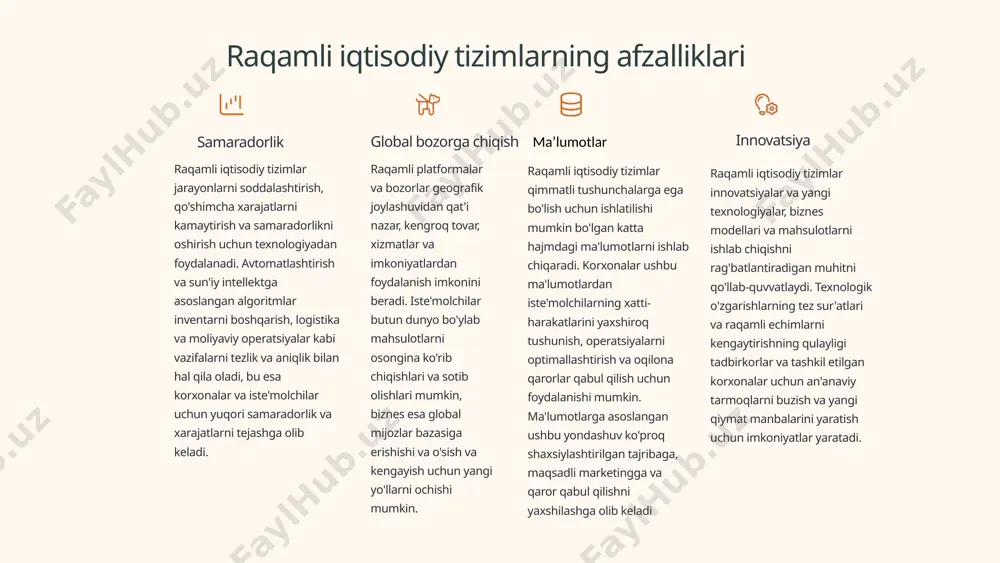aradi. korxonalar ushbu ma'lumotlardan iste'molchilarning xatti-harakatlarini yaxshiroq tushunish, operatsiyalarni optimallashtirish va oqilona qarorlar qabul qilish uchun foydalanishi mumkin. ma'lumotlarga asoslangan ushbu yondashuv ko'proq shaxsiylashtirilgan tajribaga, maqsadli marketingga va qaror qabul qilishni yaxshilashga olib keladi innovatsiya raqamli iqtisodiy tizimlar innovatsiyalar va yangi texnologiyalar, biznes modellari va mahsulotlarni ishlab chiqishni rag'batlantiradigan muhitni qo'llab-quvvatlaydi. texnologik o'zgarishlarning tez sur'atlari va raqamli echimlarni kengaytirishning qulayligi tadbirkorlar va tashkil etilgan korxonalar uchun an'anaviy tarmoqlarni buzish va yangi qiymat manbalarini yaratish uchun imkoniyatlar yaratadi. 4 raqamli iqtisodiy tizimlarning qiyinchiliklari va cheklovlari raqamli iqtisodiy tizimlar ko'plab afzalliklarga ega bo'lsa-da, ular diqqat bilan harakatlanishi kerak bo'lgan bir qator qiyinchiliklar va cheklovlarni ham taqdim etadi. asosiy tashvishlardan biri bu tengsizlikning kuchayishi potentsialidir, chunki ushbu tizimlarning foydalari samarali ishtirok etish uchun resurslar va tajribaga ega bo'lganlarga nomutanosib ravishda to'planishi mumkin. bu raqamli tafovutning kengayishiga va marginallashgan jamoalarning raqamli platformalar tomonidan taqdim etilgan iqtisodiy imkoniyatlardan chetlanishiga olib kelishi mumkin. yana bir muhim …