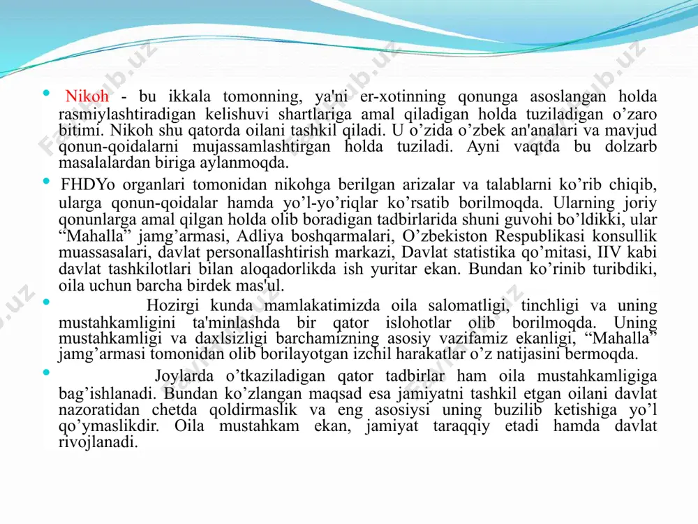 y xalqmizki, farzandimiz ko‘z ochgan kundan to o‘zimiz ko‘z yumgunga qadar bolam, deymiz. qon-qonimizga singib ketgan bu xususiyat jamiyatimizning ham bosh maqsadiga aylangan. yurtboshimiz ta’biri bilan aytganda, bugun qilayotgan ishlarimizning barchasi farzandlarimizning baxtu saodati, ularning yorug‘ kelajagi uchun amalga oshirilmoqda. odobli, bilimdon va aqlli, mehnatsevar, iymon-e’tiqodli farzand nafaqat ota-onaning, balki butun jamiyatning eng katta boyligidir. yoshlarimizni har tomonlama sog‘lom va barkamol etib tarbiyalash, ma’naviyat qo‘rg‘oni bo‘lmish oilani mustahkamlash barchamizning burchimizdir. ^____.2.--oiladagi shaxslafning'bir—biri va oila a'zolari oitisida buzilishlarni ko'rinishi. oiladagi kelishmovchiliklarning asosiy sabablari: qaynona - kelin munosabatlarining kelishmovchiligidir. ma'lumki, bir-biriga aynan o'xshash mos ikki odamning bo'lishi mumkin emas, chunki shaxs va uning individualligi takrorlanmasdir.shunday ekan ikki va undan ortiq shaxsdan yashkil topgan oila va 2-3 karra takrorlanmasdir. bir oila uchun me'yorida bo'lgan shaxslararo munosabatlar tizimi, ikkinchi bir oilaga mutlaqo to'g'ri kelmasligi yoki biror bir oila uchun u qadar axmiyatga ega bo'lmagan nizo va uning sabablari boshqa oila a'zolarining o'zaro munosabatlarida jiddiy …