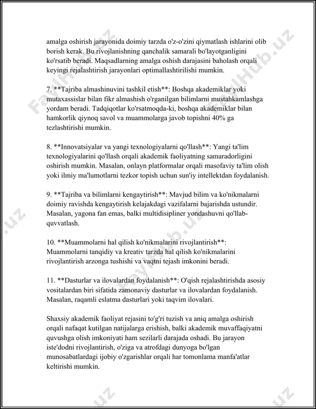 hievable), realistik (realistic), va vaqt bilan cheklangan (time-bound). masalan, "xalqaro bozor ulushini 10% ga oshirish" maqsadi o'lchab bo'ladigan va aniq hisoblanadi. keyingi bosqich - ustuvorliklarni aniqlash. ustuvorliklarni aniqlash uchun turli usullar va vositalardan foydalaniladi. bu jarayonda foydali bo'lgan ba'zi umumiy usullarga quyidagilar kiradi: 1. ***eisenhower matrisi:*** vaqtni boshqarishda foydalaniladigan ushbu matris vazifalarni to'rtta kategoriya bo'yicha ajratadi: shoshilinch va muhim, shoshilinch emas, lekin muhim, shoshilinch, lekin muhim emas, va na shoshilinch, na muhim. ushbu usul shaxsiy va professional vaqtni boshqarishda keng qo'llaniladi. 2. ***moscow metodi:*** loyihalarda foydalanadigan bu metod, zarur va qoniqarli talablarni belgilar: must-haves (zarur), should-haves (bo'lishi kerak), could-haves (bo'lishi mumkin), va won't-haves (bo'lmasligi mumkin). 3. ***pareto printsipi:*** bu usul ahamiyatli vazifalarni ajratish uchun ishlatiladi. pareto printsipi shuni anglatadiki, natijalarining 80% i kuch va harakatlarning 20% i bilan bog'liq bo'ladi. shunday qilib, eng muhim 20% ishga e'tibor berish orqali maksimal natijaga erishish mumkin. ustuvorliklar nafaqat vazifalar orasida, balki resurslarni taqsimlashda …