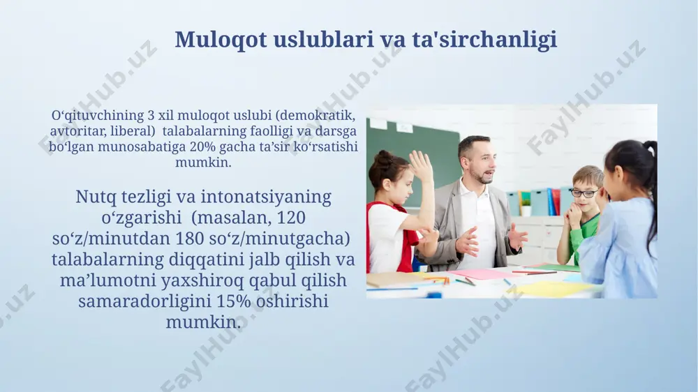 qlar, baholash testlari kabi 3 xil usullar qo'llanishi samarali natijalar beradi va o'quv jarayonini yanada samarali qiladi. muvaffaqiyatli o'qitish uchun o'qituvchi 5 ta asosiy fikrlash uslubini (konvergent, divergent, kritik, kreativ, metakognitiv) bilishi va ularni o'quv jarayoniga qo'llashi muhim ahamiyat kasb etadi. o'rganish uslublarining xilma-xilligi guruhdagi har bir o'quvchining o'ziga xos o'rganish uslubini aniqlash va unga moslashtirilgan 2-3 ta turli pedagogik yondashuvlarni qo'llash samaradorlikni 50% ga oshirishi mumkin. o'quv jarayonida kamida 3 ta turli o'rganish uslubini (vizual, auditoriy, kinestetik) qo'llash o'quvchilarning 70% dan ortig'ining faol ishtirokini ta'minlaydi. sinfdagi psixologik muhit ijobiy va qo'llab-quvvatlovchi sinf muhiti, o'quvchilarning o'ziga bo'lgan ishonchini oshirib, motivatsiyani 30-50% ga ko'taradi va muvaffaqiyatga erishish ehtimolini yaxshilaydi. sinfdagi psixologik muhit o'quvchilarning o'zaro munosabatlariga, o'qituvchi bilan o'quvchi o'rtasidagi ishonch darajasiga va 20-30% ga yaqin akademik natijalarga sezilarli ta'sir ko'rsatadi. e'tiboringiz uchun rahmat @taqdimot_robot image4.png image5.jpg image6.jpg image7.jpg image8.jpg image9.jpg image10.jpg image11.jpg image12.jpg image13.jpg image14.jpg image15.jpg image16.jpg image3.jpeg