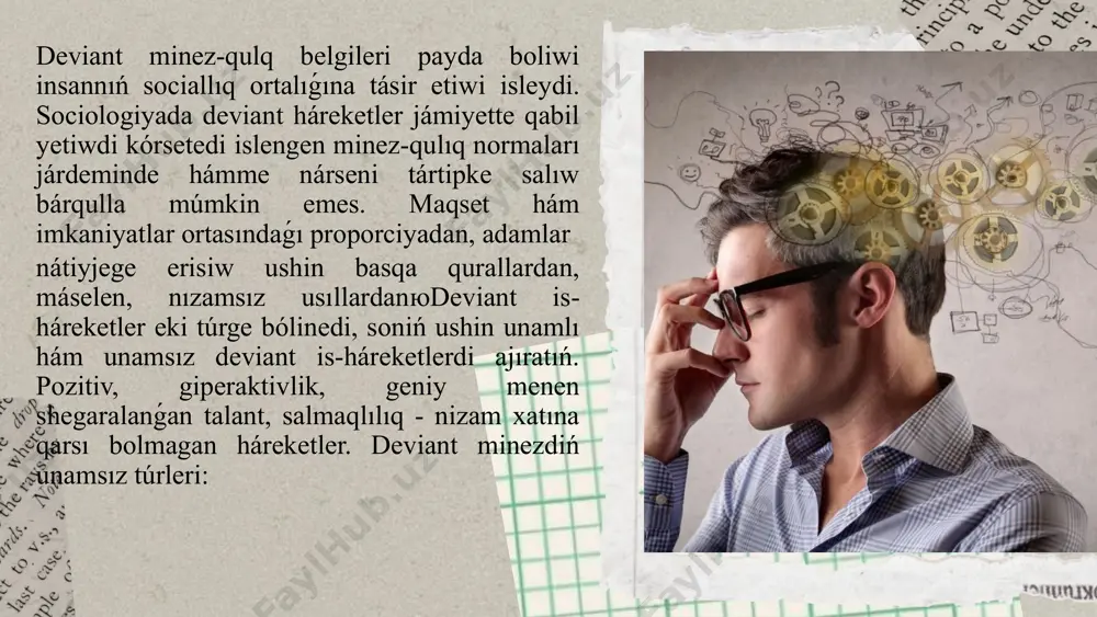 nı áhmiyetli buzıwshı hám juwapkershilikke alıwshı háreketler mısalı, prostituciya, náshebentlik zatlardı satıw, urlıq, jınısıy zorlıq.ádepsiz is-háreketler: ádep-ikramlılıq ne ekenligin anıqlaw qıyın. deviant ádepsiz háreketler jámiyettiń mádeniyatı hám dástúrlerine baylanıslı. solay etip, eger geybir mámleketlerde satqınshılıq sudlangan is-háreket dep esaplansa, máselen, yaponiyada buǵan túsinikli múnásibette bolıw kerek. bul mámlekette erkekler kewilli ashıw boyınsha geishac institutı joqarı dárejede rawajlanǵan. rossiyada soǵan uqsas hádiyse prostitutsiya dep ataladı hám nizam menen jazalandırıladı. sonıń ushın deviant minez-qulq túrlerin ádep-ikramlılıq normalarına súyenip, belgili bir mámleket hám millettiń kózqarasınan kórip shıǵıw kerek.óz janına qastlaw háreketi: jas áwlad arasında óz janına qastlaw az ushıraydı. óz densawlıǵına ziyan tiygiziwge qaratilǵan háreketler óspirimniń óz janına zıyan jetkeredi niyet etken deviant is-háreketi menen baylanıslı. onıń ayırım túrleri kórsetiwge, ayanısh sezimin oyatıwǵa, adamǵa itibar beriwge qaratılǵan. solay bolsa da, bunday háreketler geyde kúshli emocional shok yaki travma nátiyjesinde tásirlengen jaǵdayda islenedi. geyde óz janına qast salıw háreketi tábiyatta esaplanıp hámbasqalarǵa qaraganda kóbinese …