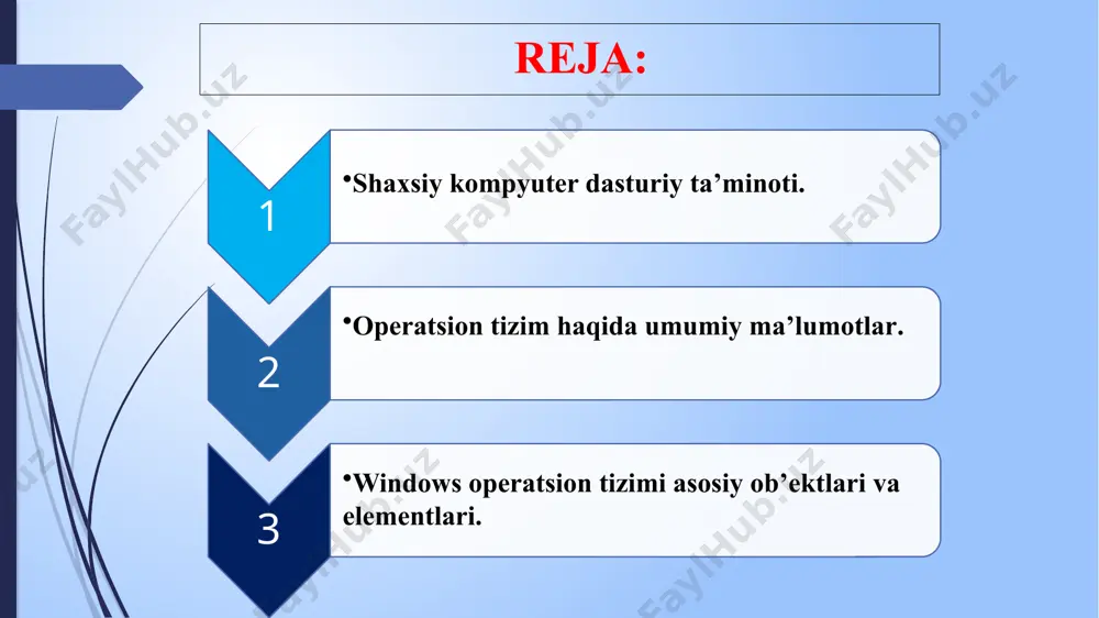 yllar alohida o’zining oynasida bajariladi. oyna - bu ekranning chegaralgan to’rtburchak sohasi. windows ish stolida papka yorliqlar va har xil maxsus belgilar joylashadi. papka -bu so’z bilan nomlangan diskdagi ma‘lumotlar sohasi, uning ichida boshqa papka va fayllar joylanishi mumkin. bu sohada fayl va boshqa papkalar saqlanishi mumkin. yorliq - bu diskda joylashgan fayl yoki dasturgacha yo’llanma. bu yo’llanmaga sichqoncha bilan ikkitali bosish yordamida kirsaq kompyuter yo’llanmaga mos fayl yoki dasturni ochib beradi. ish stolning standart yorliqlari quydagilar: мой компьютер - maxsus papka yordamida sizning kompyuteringizda joylashgan disklar, papkalar va ular ichidagi fayllarni ko’rish va ular bilan ishlash (har xil amallar bajarish) imkoniyat yaratadi. moи документы - maxsus papkada foydalanuvchi tomonidan ish jarayonida yaratilgan matn, rasm, jadval va boshqa fayllar saqlanadi. bu belgi yordamida esa shu papkaga tezkor o’tishimiz mumkin va ular bilan ishlash imkoniyat yaratiladi) сетевое окружение - maxsus papka yordamida sizning kompyuteringizga tarmoqga ulangan kompyuterlardagi fayl, papka va disklar …