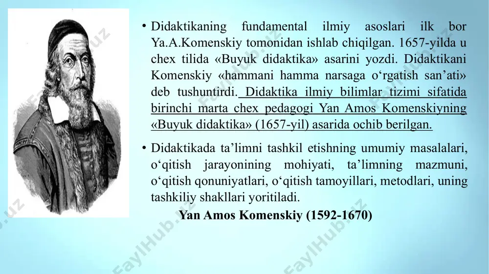 digmasining diqqat markazida o‘z-o‘zini rivojlantirish ehtiyojiga ega bo‘lgan, hayot sub’ekti, shaxs erkinligi va ma’naviyati sifatidagi ta’lim oluvchi turadi. u bolaning ichki dunyosini rivojlantirish, shaxslararo muloqot, ijod, dialog, shaxs o‘sishi uchun yordamga yo‘naltirilgan. o‘qitish (didaktik) jarayonining mohiyatini quyidagi formula yordamida to‘liq anglash mumkin: dj=m+ao‘f + ao‘fb bu yerda: dj - didaktik jarayon. m - motivatsiya. ao‘f - o‘quvchilarning o‘zlashtirish faoliyati algoritmi. ao‘fb - o‘quvchilarning billish faoliyatini boshqarish. o‘qitish jarayoni uchta vazifani bajaradi: ta’limiy, tarbiyaviy va rivojlantiruvchi. o‘qitish jarayoni va uning vazifasi. o‘qitish - o‘qituvchi va o‘quvchilarning maqsadga qaratilgan birgalikdagi faoliyati jarayoni bo‘lib, bu jarayonda o‘quvchilarni rivojlantirishni amalga oshiradigan bilim, ko‘nikma, malaka va kompetensiyalar yuzaga chiqadi. o‘qitish jarayonining ta’limiy vazifasi o‘quvchilarda bilim, ko‘nikma, malaka va kompetentsiyalarni shakllantirishdan iborat. o‘qitish natijasi sifatida bilimlarining to‘liqligi, chuqurligi, tizimliligi, anglanganligi, mustahkamligi va amaliy xususiyat kasb etishi muhimdir. bu kabi holatlar ta’lim jarayonining metodik jihatdan to‘g‘ri tashkil etilganligini ifodalaydi. o‘qitishning tarbiyaviy vazifasi ta’lim jarayonida shaxsning ma’naviy-axloqiy va …
