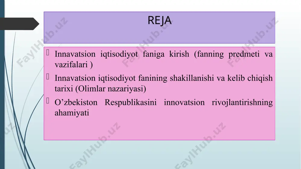 adi va sarf-xarajatlar hamda amaliyotga tatbiqi natijalarining optimal nisbatida iqtisodiy, informatsion, ekologik, ijtimoiy yoki boshqacha turdagi samara keltiradi. predmeti innovatsion iqtisodiyot fanining predmeti innovatsiyalarni vujudga kelishi, rivojlanish qonuniyatlari va o’ziga xos xususiyatlarini o’rganadi. innovatsion iqtisodiyotning asosiy maqsadi mahsulot ishlab chiqarish miqdori va sifatini oshirgan holda, uning tannarxini minimallashtirish va texnologik, tashkiliy hamda insoniy zaxiralarning sifatini oshirib, ularni ilg’or xalqaro talablarga moslashtirishdir. innovatsion iqtisodiyot fanini o’rganish usullari va yondashuvlar innovatsion iqtisodiyot fanini o’rganishda quyidagi usul va yondashuvlardan foydalaniladi: maqsadli tahlil. innovatsion rivojlanish nazariyasi va konssepsiyasi o’rganiladi. tipologik yondashuv. bunda innovatsion rivojlanishning turli jihatlarini o’rganishga har xil metadologik yondashuvga asoslanadi. evolyutsion yondashuv usulida innovatsiya nazariyasi shakllanish bosqichlarini o’rganishga ustuvorlik beriladi analiz va sintez usuli induksiya va deduksiya usuli ii. innavatsion iqtisodiyot fanining shakillanishi innovatsiyaviy nazariyani asosiy rivojlanish bosqichi v.zombart, v.mitcherlix, y.shumpeter ishlariga to‘g‘ri kelgan. innovatsiyalar nazariyasini shakllanishi va rivojlanishiga avstriyalik olim y.shumpeter katta hissa qo‘shgan.1930-yillarda y.shumpeter tomonidan innovatsiya tushunchasi kiritildi va u …