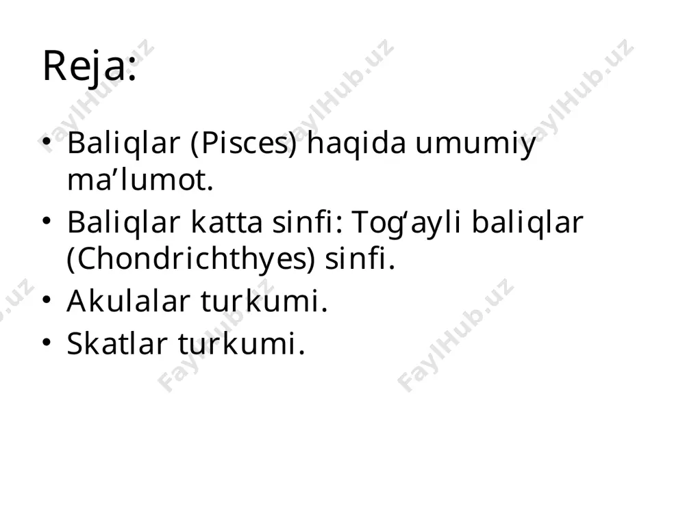 alan, oʻtxoʻr doʻng peshona baligʻining ichagi tanasiga nisbatan 13-marta uzunroq. jigar va meʼda osti bezlari bor. koʻpgina baliqlar ichagida ovqat hazm qilishda ishtirok etadigan pilorik oʻsimtasi boʻladi. akula va osyotrsimonlar ichagida spiral klapani bor. koʻpchilik baliqlarning alohida anal va siydiktanosil teshiklari boʻladi. akulalar va ikki xil nafas oluvchilarda klapani boʻladi. ayirish organlari — mezonefrosdan iborat. mezonefros umurtqa pogʻonasi yoniga oʻrnashgan. baliqlar ayrim jinsli, baʼzi turlari (tosh olabugʻasi) germafrodit. baliqlar tana harorati beqaror, sovuqqon jonivorlardir. tana harorati deyarli suv haroratiga yaqin, baʼzan 0,5 — g ortiqroq boʻladi. serharakat baliqlar tana harorati muhit taʼsirida bir oz koʻtarilishi, mas, tez suzayotgan tunesda tana harorati suvnikidan 10° gacha yuqori boʻlishi mumkin. baliqlar har xil haroratli suvda yashashga moslashgan. tropik suvlarda yashovchi baliqlar 31 c gacha boʻlgan suvlarda, karp tishli baliq kaliforniyaning 52° li qaynar buloqlarida hayot kechiradi. baliqlar hozirda umurtqalilar orasida eng xilma-xil hayvonlar boʻlib, barcha xordalilarning deyarli yarmini, yaʼni 20000 dan ortiq turni …
