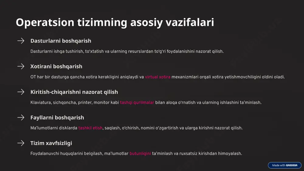 un ishlatiladi. tez va samarali. zamonaviy otlar multidasturlash (bir nechta dasturni bir vaqtda bajarish) va resurslarni samarali taqsimlash orqali foydalanuvchi tajribasini yanada yaxshilaydi. bu orqali foydalanuvchilar bir nechta vazifani parallel bajarishlari mumkin. 9 xulosa: operatsion tizimlar va kompyuter turlari hayotimizda ajralmas texnologiya har bir raqamli qurilma samarali ishlashi uchun otga ehtiyoj sezadi, bu smartfonlardan tortib serverlargacha. doimiy rivojlanish otlar zamonaviy texnologiyalar bilan birga doimiy ravishda rivojlanmoqda, yangi funksiyalar va xavfsizlik choralari qo‘shilmoqda. ehtiyojlarga moslashuv turli kompyuter turlari va otlar turli ehtiyojlarga mos ravishda ishlab chiqilgan bo‘lib, ularning har biri o‘z o‘rnida muhim. kelajak integratsiyasi kelajakda sun’iy intellekt, bulut hisoblash va kvant kompyuterlari bilan yanada integratsiyalashadi. taqdimotimiz e’tiboringiz uchun rahmat! 10 image1.png image2.png image3.png image4.png image5.png image6.png image7.png image8.png image9.png image10.png image11.png image12.png image13.png image14.png image15.png image16.png image17.png image18.png image19.png image20.png image21.png image22.png