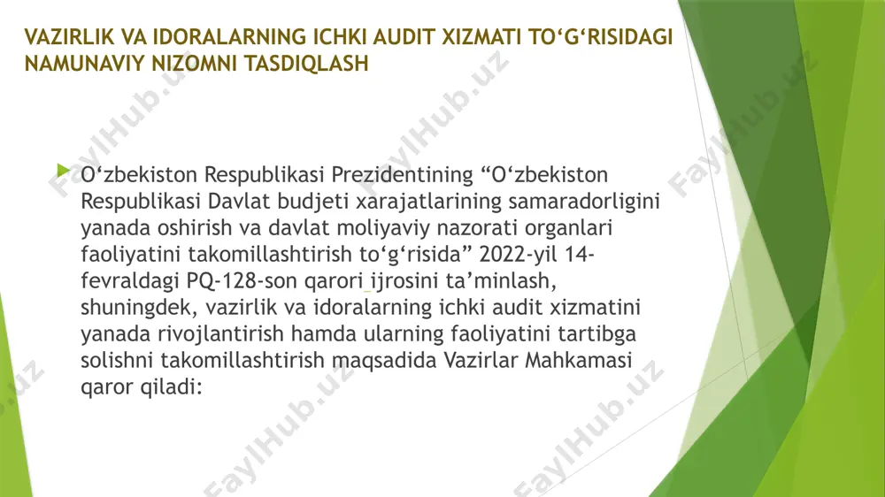 lishini ta’minlash; muntazam ravishda ichki audit tadbiri natijalari yuzasidan vazirlik va idora rahbariga ma’lumotlar kiritish; ichki audit milliy standartlari ishlab chiqildi moliya vazirining “ichki audit milliy standartlarini tasdiqlash haqida”gi buyrug‘i imzoladi .hujjat bilan budjet mablag‘larini taqsimlovchilar va ular tizimidagi budjet tashkilotlari hamda davlat maqsadli jamg‘armalarining ichki audit xizmati uchun milliy standartlar o‘rnatilmoqda. standartlarga muvofiq: ichki audit xizmati o‘z faoliyatida vazirlik va idora boshqa tarkibiy bo‘linmalaridan mustaqil hisoblanadi va bevosita vazirlik va idora rahbariga bo‘ysunadi hamda unga hisobdordir; ichki audit tadbirlari ichki audit yillik rejasi asosida ichki audit obektida o‘tkaziladi; budjet to‘g‘risidagi qonunchilik hujjatlari buzilgani to‘g‘risida ma’lumotlar kelib tushganda hamda fuqarolar ishtirokidagi audit tizimi orqali ichki audit tadbiri o‘tkaziladigan ichki audit obektlari aniqlanganda, ichki audit tadbirlari vazirlik va idora rahbari qarori asosida o‘tkaziladi; ichki audit tadbiri ichki audit tadbirini o‘tkazish guruhi yoki ichki audit xizmati xodimi tomonidan o‘tkaziladi; ichki audit xizmati ichki audit obekti rahbariga auditdan 5 kun oldin ichki audit …
