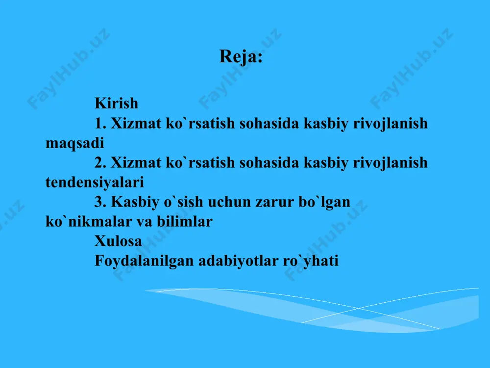 ish maqsadlarini belgilashlari juda muhimdir. kasbiy rivojlanish maqsadlari sizning noyob martaba istagingizga moslashtirilishi va muvaffaqiyatga erishish uchun uzoq muddatli qarashlaringizga mos kelishi kerak. inson o'z oldiga qo'yishi mumkin bo'lgan kasbiy rivojlanish maqsadlariga turli misollar mavjud. ulardan ba'zilari quyidagilardir: etakchilik mahoratini oshirish: etakchilik seminarlarda ishtirok etish jamoa bilan ishlash mashqlarni bajaring va etakchilik qobiliyatini va jamoa a'zolari bilan muloqotni yaxshilash uchun loyihalarda etakchi rollarni o'z zimmangizga oling. sanoat sertifikatlarini oling: muayyan sohada tajribani namoyish qilish uchun tegishli sertifikatlar yoki litsenziyalarga ega bo'ling, masalan loyiha boshqaruvi raqamli marketing yoki ma'lumotlarni tahlil qilish. acer (a) - loyihani boshqarish qobiliyatlarini rivojlantirish: loyihani boshqarish bo'yicha kurslarga yoziling yoki loyihalarni boshqarish ko'nikmalarini oshirish uchun loyihalarni boshqarish va boshqarish imkoniyatlarini izlang. muzokaralar olib borish ko'nikmalarini mustahkamlang: muzokaralar bo'yicha seminarlarda qatnashing yoki qidiring mentorlik biznes kontekstida yanada samarali muzokarachi bo'lish. yangi texnik ko'nikmalarni o'rganing: dasturlash tillari, ma'lumotlarni tahlil qilish vositalari yoki sohangizga tegishli dasturiy ilovalar kabi yangi texnik …