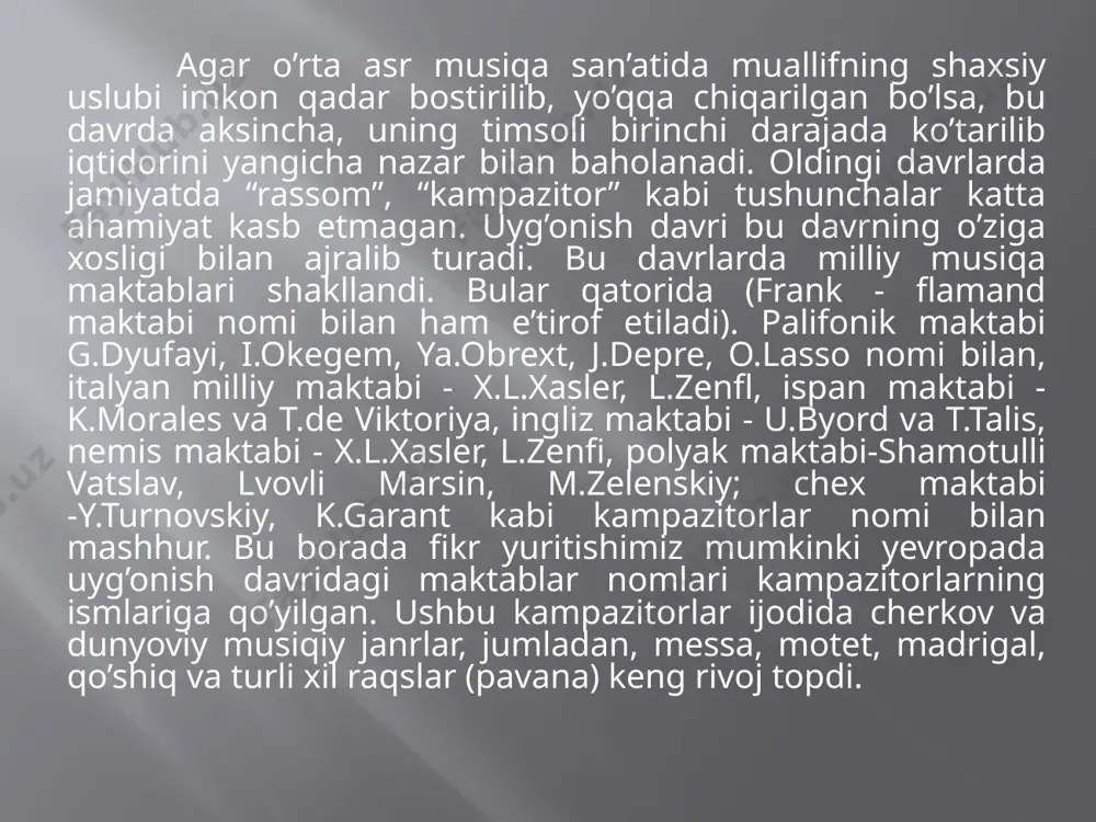 yozgan madrigallar soni oltita kitob edi. muallif musiqa yordamida insonning qiyin ichki dunyosini kashf etishga, uning his-tuyg'ularini aks ettirishga intilgan. g. di venosa tomonidan yaratilgan ko'plab madrigallar tabiatan fojiali. ekspressivlik va nafosat bu bastakor musiqasining asosiy xususiyatidir. orlando di lasso (gollandiya) - uyg'onish davrining yana bir buyuk vakili. u ko'plab asarlar yozgan, ammo uning eng yorqin muvaffaqiyatlaridan biri bu akustik effektlarni taqlid qiluvchi "echo" madrigalidir. o. di lasso oʻz musiqasida oʻz davrining raqsi, qoʻshigʻi va hatto kundalik xususiyatlarini ham yetkaza oldi.ingliz musiqasining eng yorqin vakili milliy polifoniya rivojiga ulkan hissa qo'shgan jon danstable edi. u mashhur bo'lgan bir qator ommaviy, motets va qo'shiqlar muallifi. u yozgan barcha asarlar saqlanib qolmagan, ammo qolganlari uning ixtirochi va sermahsul bastakor ekanligidan dalolat beradi. ingliz vokal musiqasi tomas morli va jon doulend nomlari bilan faxrlanishi mumkin. ikkinchisining ijodi v. shekspirning o'zini quvontirdi. buyuk dramaturg pyesalari uchun musiqa muallifi aynan j.dovlend ekanligi taxmin qilinadi. bastakor …