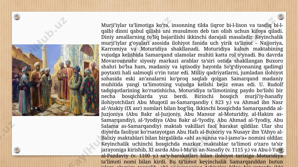 g evaziga soliq to‘laganlar. dehqonlar orasida er-mulk, shaxsiy uy-joy va qo‘rg‘onlar masalasida nizo va janjallar chiqib qolsa, muammoni xalifa hal qilgan. har bir huquqiy muammo islom qonun-qoidalariga binoan ko‘rib chiqilgan. arablar iqtisodiy hayotni o‘z qo‘llaridan chiqarmaslik maqsadida bosib olingan hududlarda sosoniylar tartibidagi soliq tizimini joriy qildilar. bular asosan quyidagilar edi: qavonin yoki mukati’a - mayda viloyatlar va tumanlardan xazinaga tushib turgan yig‘in. maqosima -hosilning ma’lum ulushi miqdorida to‘langan. uning hajmi sug‘orishga bog‘liqholda belgilangan. misoxa - yer hajmiga qarab miqdori belgilanadigan soliq bo‘lib, unda ekin ekilishi yoki ekilmasligiga e’tibor berilmagan. bu soliq tizimiga yer solig‘i - xiroj (hosilning o‘ndan bir yoki o‘ndan ikki kismi miqdorida), chorva, hunarmandchilik, savdo-sotiqdan zakot (qirqdan bir miqdorda) hamda islomni qabul qilmagan shaxslardan olinadigan - jizya solig‘i ham qo‘shilgan. zamonaviy ilmiy adabiyotlarda ta’kidlanishicha, arablarning o‘rta osiyoni bosib olingan hududlarini boshqarish markazi marv shahri bo‘lib, bu erdan turib xalifaning noibi movarounnahr hamda xurosonni idora qilgan. yuqorida ta’kidlanganidek, viii …