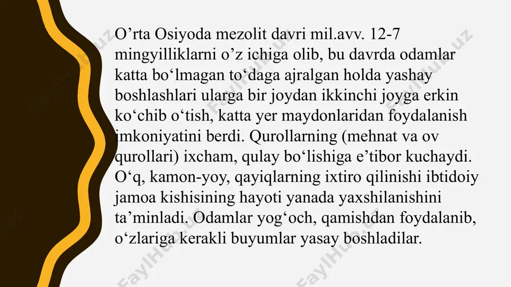 ng nodir namunalaridan hisoblanadi. zarautsoy surxondaryo viloyatida, termiz shahridan 100- 110 km shimoli-gʻarbda joylashgan.1912-yilda i. fyodorov tomonidan topilgan. arxeolog g. parfyonov (1940—1945), keyinchalik a. roginskaya (rassom), a. formozov, a. kabirovlar tomonidan oʻrganilgan. 200 dan ortiq rasmlar mezolit, neolit va keyingi davrlarga mansub. rasmlar chizma tarzida kontur va soya uslubida qizil angob (oxra) bilan chizilgan. zarautsoyda odamlarning itlar yordamida yovvoyi buqalarni ov qilish manzarasi tasvirlangan. hayvonlar (yovvoyi buqa, it, tulki, yovvoyi choʻchqa, burama shoxli echki, jayran, togʻ echkisi, hasharotlar), turli buyumlar (oʻqyoy, nayza, oʻroqsimon qurollar), niqoblangan odamlar va boshqa oʻziga xos tarzda hayotiy qilib ishlangan rasmlar mavjud. zarautsoy ibtidoiy sanʼatning noyob yodgorligi sifatida yodgorliklarni muhofaza qilish qizil kitobiga kiritilgan birinchi guruh rasmlari kamar ichining chap qismidan yuqoriga qarab joylashgan, tahminan 60-80 sm ga toʻgʻri keladigan yuzani egallaydi. bu yerda yovvoyi hayvonlarning yuqoriga qarab ov qilish sahnasi tasvirlangan. qoyaning quyi darz ketgan joyi surat kompozitsiyasining bir qismi hisoblanadi. ibtidoiy rassom uni hoʻkizlardan …