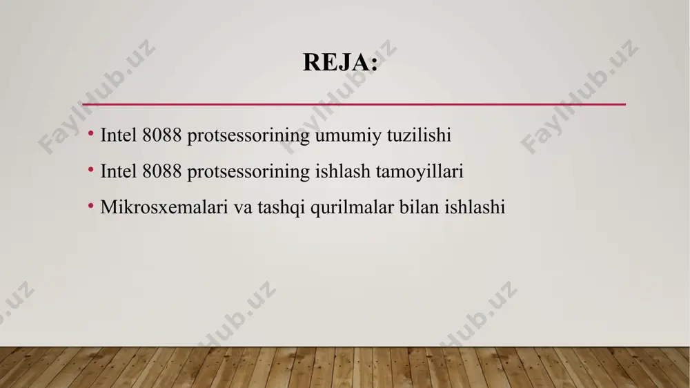 iladi yoki yoziladi. tashqi qurilmalarga buyruqlar yuboriladi. bajarilgan buyruq natijalari kerak bo‘lganda registrlarda yoki xotirada saqlanadi. 2. xotira bilan ishlash intel 8088 protsessori xotiradan ma’lumot yoki buyruqlarni olish va qayta yozishda quyidagi tamoyillarga amal qiladi: 2.1. segmentlash xotira manzillash segmentlash usulida amalga oshiriladi. har bir segmentning uzunligi 64 kb bo‘lib, 20-bitli manzil shinasi orqali umumiy 1 mb xotiraga kirish imkonini beradi. to‘rtta segment registri yordamida boshqariladi: cs (code segment): buyruqlar uchun segment. ds (data segment): ma'lumotlar uchun segment. ss (stack segment): stack segment. es (extra segment): qo‘shimcha segment. mikrosxemalari va tashqi qurilmalar bilan ishlashi intel 8088 protsessorining mikrosxemalari va tashqi qurilmalar bilan ishlash usullari protsessorning samaradorligini oshirish va turli qurilmalarga moslashuvchanligini ta'minlash uchun maxsus interfeys mexanizmlariga asoslanadi. quyida protsessorning mikrosxemalari va tashqi qurilmalar bilan o‘zaro aloqasi haqida batafsil ma'lumot beriladi. 1.mikrosxemalari intel 8088 protsessori xotira, tashqi qurilmalar va boshqaruv tizimlari bilan ishlashda qo‘shimcha mikrosxemalarga tayanadi. eng asosiy mikrosxemalar quyidagilardir: 1.1. …