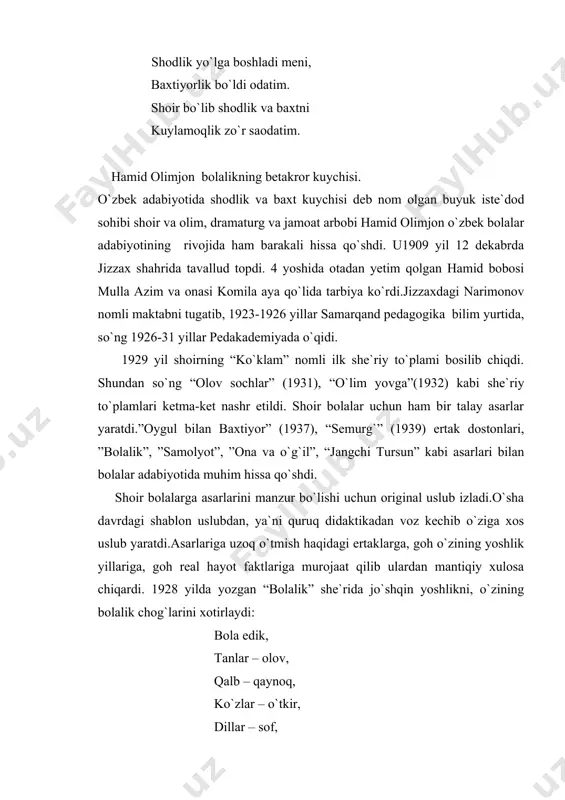 yotardik... qizlar o`tsa, orqasidan olma otardik. she`rning qudrati va katta muvoffaqiyati shundaki, shoirning yoshligi, uning ko`z oldida bolalikning umumlashgan tipik ifodasini topa olgan. she`r juda o`ynoqi, yosh kitobxonlar qalbini maftun etadi. shu to`plamdan joy olgan “lola” nomli she`ri maktabgacha ta`lim yoshidagi bolalarga bag`ishlangan. bugungi kunda minglab lolaga o`xshagan jajji qizaloqlarni ona - vatan quchog`ida o`nib o`sayotganliklarini lola timsolida ifodalaydi: lola bog`chaga chiqib, kechga yaqin gul terdi. etak-etak to`pladi, har kunidan mo`l terdi. sochiga gul bog`ladi, chekkasiga taqdi gul. yelkalaridan tashlab gulga ko`mildi butkul. bolalarni gul – lolalarga o`xshatamimz.ularga ehtiyotkorlik va mehribonlik bilan muomalada bo`lamiz. she`rni “lola” deb nomlanishi bejiz emas. bunda o`ziga xos ramziylik bor.har bir bola o`ziga xos guldir. shoir ifoda etayotgan ushbu g`oyani hayotiy epizod – lolaning gulzorda gul – lolalarga o`ralgani manzarasini chizadi. dunyoda ona vatandan aziz va muqaddasroq tuyg`uni o`zi yo`q. vatanning kuch – qudratini madh etgan shoir shu aziz vatanning farzandi ekanligidan faxrlanadi: shodligim ko`kka …