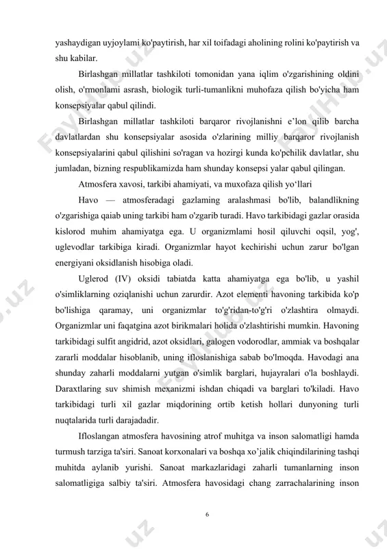 shunday zaharli moddalarni yutgan o'simlik barglari, hujayralari o'la boshlaydi. daraxtlaring suv shimish mexanizmi ishdan chiqadi va barglari to'kiladi. havo tarkibidagi turli xil gazlar miqdorining ortib ketish hollari dunyoning turli nuqtalarida turli darajadadir. ifloslangan atmosfera havosining atrof muhitga va inson salomatligi hamda turmush tarziga ta'siri. sanoat korxonalari va boshqa xo’jalik chiqindilarining tashqi muhitda aylanib yurishi. sanoat markazlaridagi zaharli tumanlarning inson salomatligiga salbiy ta'siri. atmosfera havosidagi chang zarrachalarining inson organizmiga zararli ta'siri. havodagi gaz tarkibining o’zgarishi gigiyenik nuqtai nazardan havfliligii tushunib olishadi. ijtimoiy ekologiya va inson ekologiyasi. tuproqning va suv manbalarining muxofazasi. suv manbalarining ifloslanishi va muxofazasi jamiyat va tabiat o’zaro munosabatlarining evolyutsiyasi. jamiyat tarixining beshta ijtimoiy-iqtisodiy farmatsiyalarga bo’linishi. fan-texnika inqilobining jamiyat va tabiatning, inson va atrof-muhitning o’zaro munosabatiga ta'siri. jamiyatning biosferaga salbiy ta'siri darajasiga ko’ra bosqichlarga ajratilishi 1. suvning ta’mi, rangi, hidi yo‘qligi tufayli boshqa elementlardan farq qiladi; 2. suv yer sharidagi eng ko‘p issiqlik singdiruvchi jismdir, shu sababli suv havzalari …