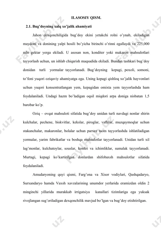 roitlarida o’zining yuqori hosildorligini saqlash qobiliyatli bo’lishi kerak. intensiv texnologiyalari uchun yaratiladigan navlar turli gerbisid va pestisidlarni qo’llanilishiga chidamlilik qobiliyatiga ega bo’lishi kerak. intensivlik va plastiklik ko’p hollarda alternativ (bir biriga zid) dir. muhim yo’nalishlardan biri vegetatsiya davrining davomiyligiga qaratilgan seleksiya hisoblanadi. yoz fasli qisqa bo’lgan, yoki o’zbekistonning lalmikor yerlari uchun tezpishar navlar hal qiluvchi ahamiyatga ega. bunday navlarni yaratishda qurg’oqchilikka, qishga (kuzgi bug’doy uchun), vegetasiya davrida past haroratga, ortiqcha namlikka, sho’rlanishga chidamlilikka katta ye’tibor beriladi. qurg’oqchilikka chidamliligiga qarab bug’doy navlari bahorgi qurg’oqchilikka va yozgi qurg’oqchilikka chidamlilarga bo’linadi. bundan tashqari havo va atmosfera qurg’oqchiligi garmselga va jazirama issiqqa chidamli navlar ham ajratiladi. bug’doyni o’stirish texnologiyasi va hosilni yig’ib olishni ta’minlashga qaratilgan seleksiyada yotib qolmaydigan, to’kilmaydigan navlarni yaratishga qaratilgan. poyasining yotib qolishiga chidamli navlar yo’g’on va mustahkam va poxolli bo’lish kerak. ildizi yotib qolishga chidamlilikni ildiz tizimini kuchli rivojlanishi ta’minlaydi. ko’p hollarda yotib qolish xususiyatini kalta poyalik bilan bog’laydilar, ammo o’simlik …