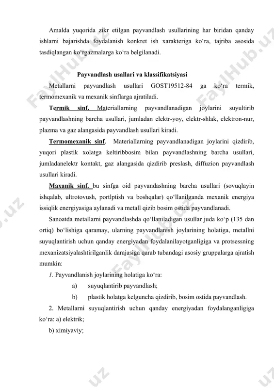babli payvandlanuvchanligi yomonlashadi, chunki, u mo‘rtlashib, darz ketishiga moyil bo‘lib qoladi. shu sabali tarkibida 0,30 dan 0, 42% gacha uglerod bo‘lgan po‘latlar qoniqarli darajada payvandlanuvchi po‘latlarga kiradi. bu po‘latlarni belgilangan rejimlarga rioya qilgan holda 50 s dan yuqori temperaturada payvandlamoq zarur. agar payvandlanuvchi po‘lat buyum qalin bo‘lsa, uni 100agar payvandlanuvchi po‘lat buyum qalin bo‘lsa, uni 100-2000 gacha qizdirib payvandlash maqsadga muvofiqdir. po‘latlar tarkibida uglerod miqdori 0,42-0,55% gacha bo‘lsa, bunday po‘latlarni payvandlash cheklanadi. agar po‘latda uglerod miqdori 0.55% dan ortiq bo‘lsa, yomon payvandlanadi. cheklangan darajada va yomon payvandlanuvchi po‘latlarni payvandlash zarur bo‘lsa, sifatli choklar olish uchun ularni payvandlashdan avval 150-5000 s gacha qizdirish. so‘ngra payvandlangandan keyin termik ishlash zarur. metallarning payvandlanuvchanligiga oltingugurt, fosfor, uglerod singari elementlar salbiy ta’sir ko‘rsatadi. agar uglerodi teng bo‘lgan ushlerodli po‘lat bilan legirlangan po‘latlarning payvandlanuvchanligini taqqoslasak, legirlangan po‘latlarning payvandlanuvchanligi plastligini ko‘ramiz. buning sababi shundaki, bu po‘latlarning issiqlik o‘tkazuvchanligi past bo‘lib, tez oksidlanib payvandlanishda karbidlar hosil qiladi. natijada …