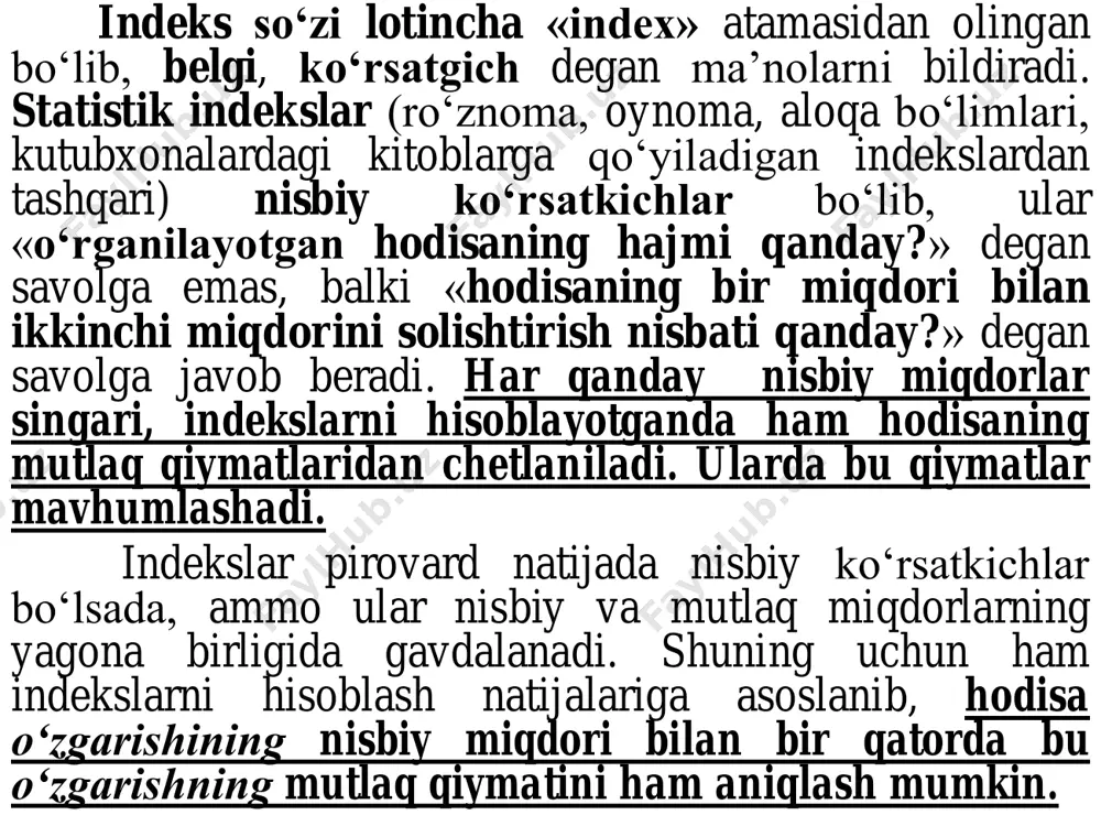 vchan va о‘zgarmas tarkibli, tuzilmaviy siljishlar indekslari; g) hududiy indekslar; d) analitik indekslar. dinamika indekslari ikki va undan ortiq davrlar ichida о‘rganilayotgan hodisalarning haqiqatda qanday о‘zgarishini ifodalaydi. o'zbekiston respublikasi bo'yicha ist'emol narxlari indeksi dinamikasi yillar o'tgan yilning dekabr oyiga nisbatan, foizda 2010 y. 107,3 2011 y. 107,6 2012 y. 107,0 2013 y. 106,8 2014 y. 106,1 2015 y. 105,6 2016 y. 105,7 2017 y. 114,4 2018 y. 114,3 qayd etilgan vazifalarni bajarishga qarab indekslar quyidagi turlarga bо‘linadi: a) dinamika indekslari; b) shartnoma va davlat; v) о‘zgaruvchan va о‘zgarmas tarkibli, tuzilmaviy siljishlar indekslari; g) hududiy indekslar; d) analitik indekslar. dinamika indekslari ikki va undan ortiq davrlar ichida о‘rganilayotgan hodisalarning haqiqatda qanday о‘zgarishini ifodalaydi. shartnoma va davlat buyurtmalari bajarilishi indekslari, birinchidan, korxona bilan korxona о‘rtasidagi shartnomalarning, ikkinchidan, korxonalar tomonidan davlat buyurtmalarining haqiqatda qay darajada bajarilganini belgilaydi. hududiy indekslar turli obyekt yoki hududlarga tegishli iqtisodiy hodisalarning о‘zaro nisbatini kо‘rsatadi. analitik indekslar yordamida turli …