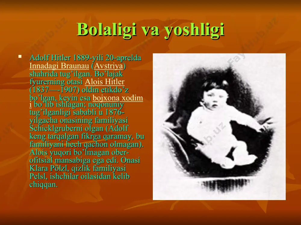 a`minlashga va shu taxlit gitlerni legitim ravishda, ya`ni qonuniy yo`l bilan reyxskanslerlikka ko`tarishga umid qildilar. hitler-reyxskansler gitler mamlakat rahbari 1933-yii mart oyi boshlarida germaniyada saylovlar bo`lib o`tdi. natsistlar unda 44% ovoz oldilar. gitler o`zining natsistlar hukumatini tuzdi va 23-martda reyxstag gitlerga o`z dekretlari bilan mamlakatni boshqarish huquqini beruvchi qonun qabul qildi. bu gitlerga cheksiz vakolatlar berardi. 1934-yil 2-avgustda prezident gindenburg vafot etdi. gitler uchinchi reyx deb nomlana boshlangan germaniya davlatining kansleri va prezidentiga aylandi. germaniyaning 1933-1939-yillardagi tashqi siyosati fashistlar germaniyasining tashqi siyosati gitler o`zining «mayn kampf» kitobida ishlab chiqqan rejaga muvofiq qat`iy ravishda amalga oshirildi. birinchi bosqichda germaniya nemis tilida so`zlashuvchi barcha mamlakatlarni birlashtirishi kerak edi, ikkinchi bosqichda butun yevropani, so`ng esa butun dunyoni bosib olishi, yer kurrasida oriylar irqining hukmronligini o`rnatishi lozim edi. gitlerchilar hokimiyatga kelgan davrdan boshlab ularning siyosati hududiy ekspansiya va agressiyani targ`ib qildi. ikkinchi jahon urushi avstriyaning germaniyaga qo`shib olinishi chexoslovakiyaning bosib olinishi “vays” rejasi 1939-yil …