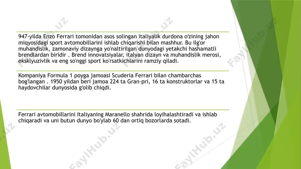 a joylashgan barcha dilerlik markazlari qat'iy tekshirish va obro'si, moliyaviy mustahkamligi va dilerning ish tajribasi asosida tanlanadi. global miqyosda kompaniyaning 226 nafar xodimi mintaqaviy bozorlarni (i) janubiy afrika va hindiston, (ii) amerika, (iii) buyuk xitoy, jumladan, xitoy xalq respublikasi, tayvan va hongni qamrab olgan to'rt geografik hududda tashkil etilgan tijorat jamoasining bir qismidir. kong) va (iv) apacning qolgan qismi (bu osiyo va okeaniyaning qolgan qismini o'z ichiga oladi). ferrari marketing strategiyasida raqobat tahlili hashamatli avtomobillar segmentida juda oz sonli ishlab chiqaruvchilar mavjud, jumladan yirik avtomobil kompaniyalari, shuningdek, faqat hashamatli avtomobillarga yo'naltirilgan kichik ishlab chiqaruvchilar. hashamatli avtomobillar bozori gt segmentini va sport avtomobillari segmentini o'z ichiga oladi. hashamatli avtomobillar bozorida raqobat brendning jozibadorligi, uslub, yangilik, umumiy egalik qiymati, innovatsiyalar, brendning mijozlar bilan aloqasi va bozorda ko'rinishga asoslangan. ferrari marketing strategiyasida brend kapitali – ferrari logotipi italyan hashamati, dizayni va sifati, eksklyuzivligi va ishlashini anglatadi. brend turli avtosalonlar, haydash kurslari, mitinglar, poyga …