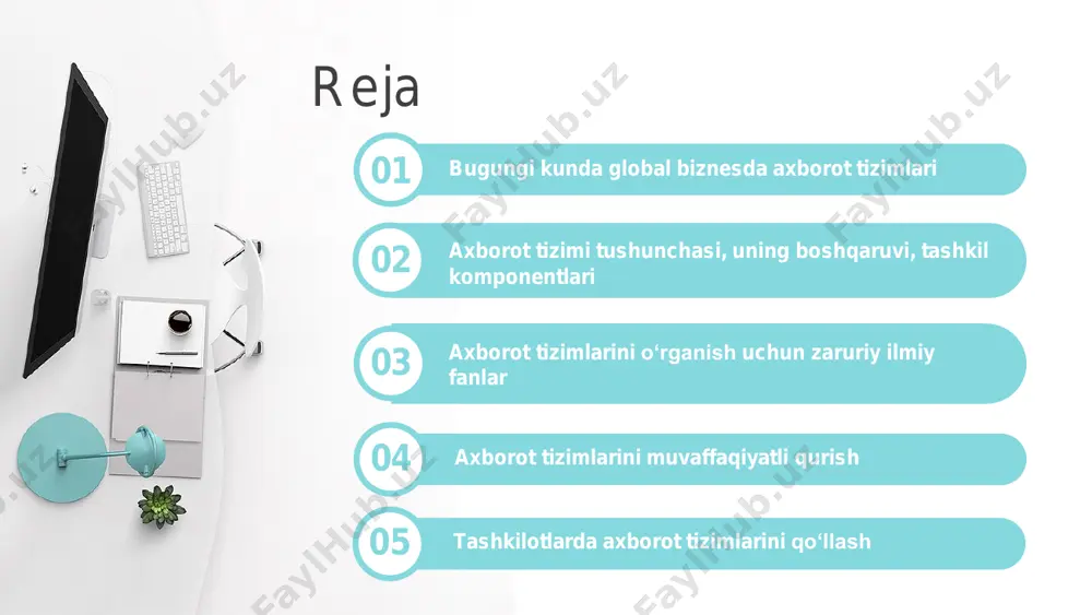 radorligini monitoring qilish • keng tarqalgan operatsiyalar • ko'p qog'oz talab qiladigan jarayonlar 2017 yilda amerika korxonalari texnik ta’minot, dasturiy ta’minot va telekommunikatsiya uskunalari uchun axborot tizimlariga qariyb 1 trillion dollar sarfladi. it-sarmoyalar biznes qiymatining katta qismi tashkilotlar ichidagi tashkiliy, boshqaruv va madaniy o‘zgarishlarga sarflanadi top 5 ta o’zgarish it-innovatsiyalar •axborot texnologiyalari yangiliklarining doimiy oqimi an’anaviy biznes dunyosini o‘zgartirmoqda. cloud, big data, iot yangi biznes modellari •netflix, apple itunes va amazon kabi oqim yoki yuklash uchun onlayn video- servislar sohani tubdan o’zgartirib yubordi elektron tijoratni kengaytirish •2022 yilda dunyo bo‘yicha elektron tijorat aylanmasi 5,40 trillion dollarni tashkil etgan va 2026 yilga kelib qariyb 8.1 trillion dollar gacha o‘sishi taxmin qilingan boshqaruvdagi o‘zgarishlar •menejerlar uzoq masofadan o‘z ishchilarini oson nazorat qilishi ham mumkin. sotuvchilar mahsulotlarni turli qurilmada sotishlari mumkin. tashkilotlar va tashkilotlardagi o‘zgarishlar •yangi asr kompaniyalari xodimlarga bir nechta rol va vazifalarni bajarishga hamda jamoada boshqalar bilan ishlashga ko‘proq e’tibor berishadi …