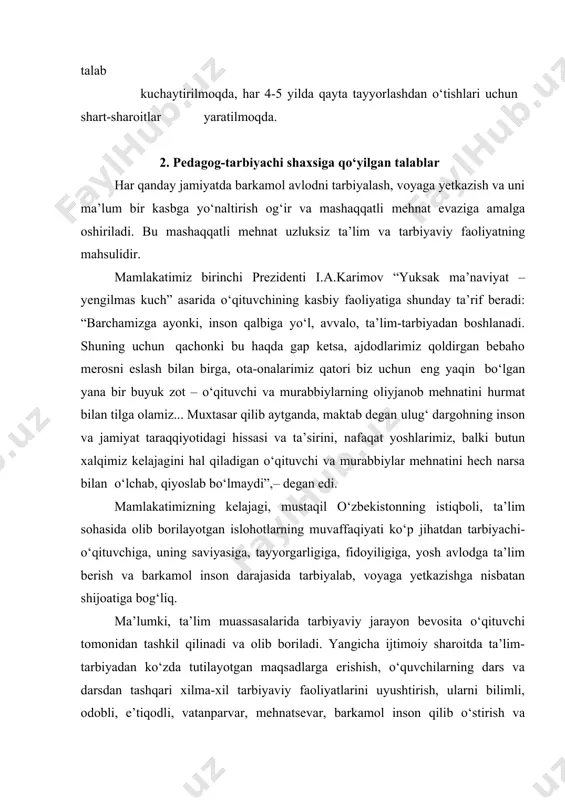 haroitda ta’lim-tarbiyadan ko‘zda tutilayotgan maqsadlarga erishish, o‘quvchilarning dars va darsdan tashqari xilma-xil tarbiyaviy faoliyatlarini uyushtirish, ularni bilimli, odobli, e’tiqodli, vatanparvar, mehnatsevar, barkamol inson qilib o‘stirish va kasbga yo‘naltirish o‘qituvchilar zimmasiga yuklatilgan. tarbiya – o‘qituvchi va o‘quvchi (tarbiyachi va tarbiya- lanuvchi)lar o‘rtasida tashkil etiluvchi pedagogik faoliyat bo‘lib, tarbiyalanuvchini ma’lum bir maqsadga muvofiq takomil-lashtirish uchun shaxsga muntazam va tizimli ta’sir etish, jamiyatning ijtimoiy- tarixiy tajribalariga yondashib shaxsni har tomonlama shakllantirish, uning xulq-atvori va dunyoqarashini, ijtimoiy ongini tarkib toptirishda xalqning boy mafkuralariga yo‘naltirilgan qizg‘in faoliyat jarayonidir. tarbiya asosida tarbiyalanuvchining ongi shakllanadi, ma’naviy boyligi va his-tuyg‘ulari rivojlanadi, o‘zida ijtimoiy hayotda o‘z o‘rnini topish uchun zarur bo‘lgan, kishilar bilan o‘zaro munosabatni to‘g‘ri tashkil etishga xizmat qiladigan axloqiy odatlar hosil bo‘ladi. tarbiya xususida taniqli o‘zbek adibi abdulla avloniyning “alhosil, tarbiya bizlar uchun yo hayot, yo mamot, yo najot, yo falokat, yo saodat, yo razolat masalasidur”,– deb aytgan fikrlari barcha millat vakillarining tarbiyasiga mos keluvchi haqiqat dir. …