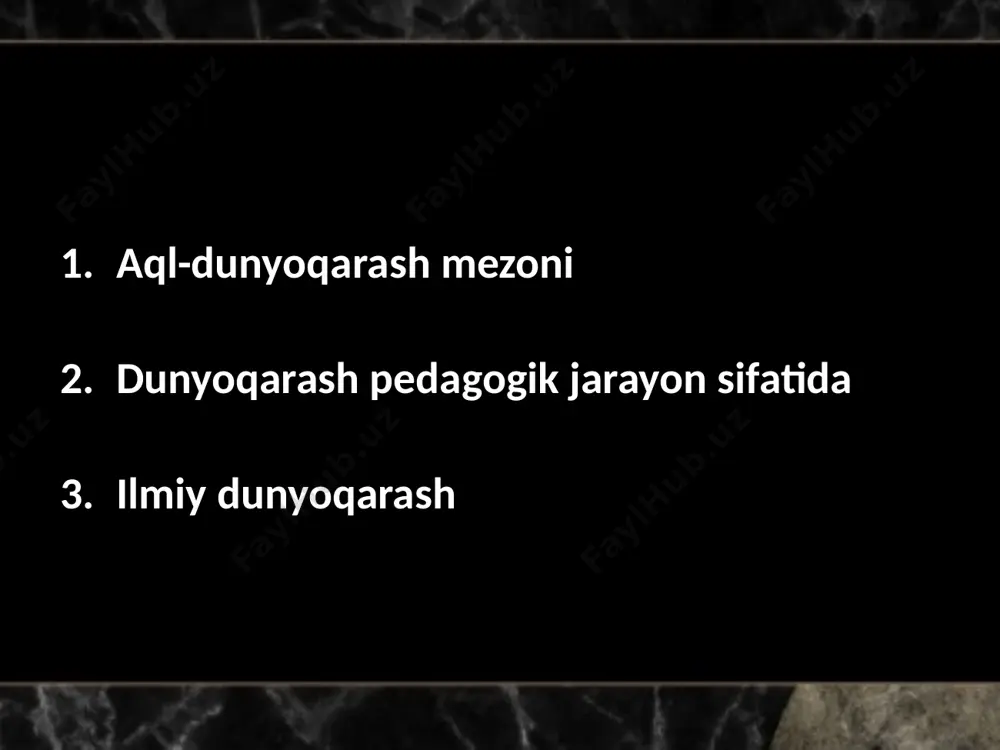 insondir. inson o`z go`zalligi va murakkabligi bilan yer yuzidagi barcha mavjudotlardan afzaldir. insonning tafakkuri, aqli bor. u shu aql yordamida ilm egallaydi. ilm tufayli dunyoni biladi va uni boshqaradi. hayvonlar tabiatga u qanday bo`lsa, shundayligicha moslashib yashayveradilar. inson esa tabiatni o`ziga moslashtiradi, o`zgartiradi. dunyoni bilishda ijtimoiy-tarixiy amaliyot, tafakkur va u bilan bog’liq bo`lgan til materialistik dialektikaning bilish nazariyasi uchun asosdir. dunyoni bilish, idrok qilish tashqi dunyoni inson sezgilari orqali aks ettirishdan boshlanadi. ilmiy dunyoqarash ijtimoiy-tarixiy hodisa sifatida doim vorislik asosida rivojlanadi. o`tmish dunyoqarashlari yangi davr dunyoqarashining ildizini tashkil etib, uni kerakli hayotbaxsh ozuqa bilan ta`minlab turadi yoshlarni tarbiyalashda, ularni axloq-odobli, tartib-intizomli qilishga, ota-onaga mehribon bo`lishlarida, matonatli, chidamli, mehnatsevar,vatanparvar, insonparvar bo’lib shakllanishida mas’uldir. dunyoqarashning shakllanishida har bir ota-ona ularni yoshlik chog’idan sabr-toqatli, bardoshli,quntli, qanoatli bo`lishga o`rgatmoqlari shartdir. ilmiy dunyoqarash xususida gap borganda avvalo, o`quvchilar, yoshlar, unga zid, qarama-qarshi turgan diniy, fantastik, mifologik, ateistik va boshqa g’ayri ilmiy dunyoqarashlar borligi uchun ham …