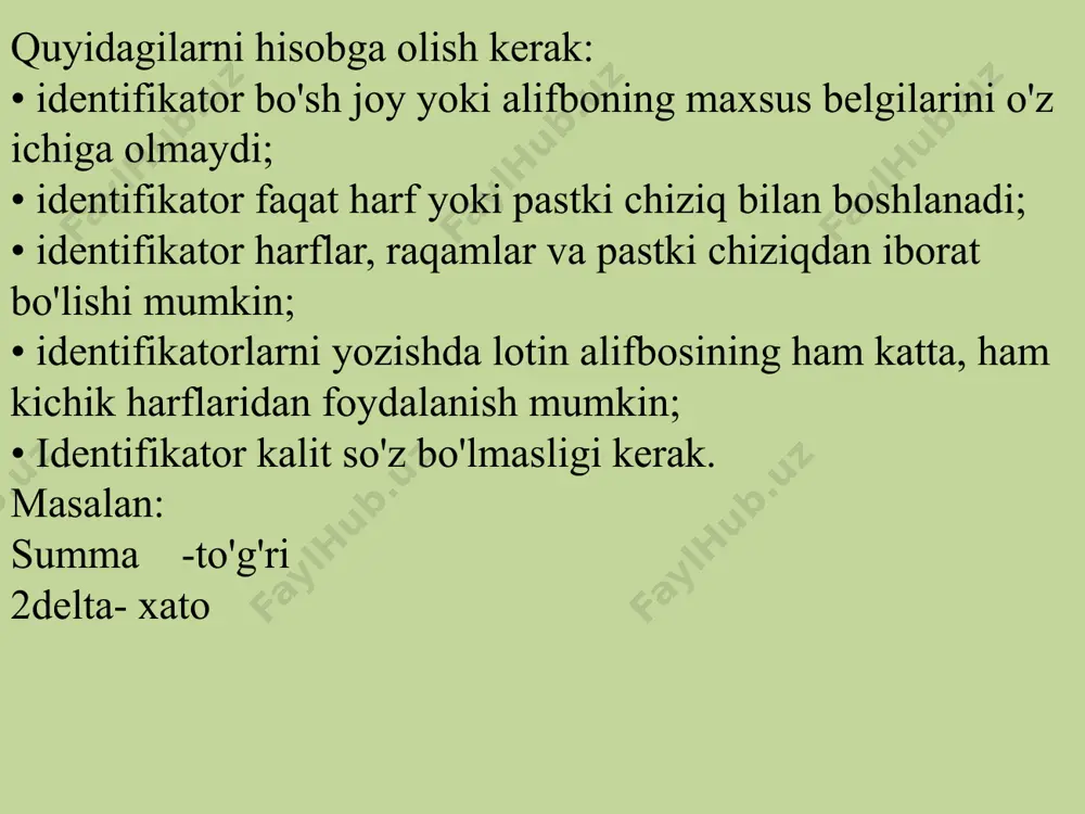 qoslash amallari taqqoslash amallari ikkita qiymatni solishtirish va taqqoslash natijasida mantiqiy qiymat (true yoki false)qaytarish uchun ishlatiladi. python quyidagi taqqoslash operatorlariga ega. 1. teng (==): ikki qiymat teng bo'lsa, true qiymatini qaytaradi. 2. teng emas (!=): ikki qiymat teng bo'lmasa, true qiymat qaytaradi. 3. katta (>): agar birinchi qiymat ikkinchisidan katta bo'lsa, true qiymatini qaytaradi. 4. kichik( =): agar birinchi qiymat ikkinchisidan katta yoki teng bo'lsa, true qiymat qaytaradi. 6. kichik yoki teng ( y print(natija3) # natija: rost # kichik natija4 = x = y print(natija5) # natija: rost # kichik yoki teng natija6 = x <= y print(natija6) #natija: false ifodalar ba'zi qiymatlarni hisoblash uchun ishlatiladigan dasturning asosiy tarkibiy elementlaridir. ifodalar operandalar, amal belgilari va qavslardan iborat. operandlar hisoblash uchun ma'lumotlarni beradi. operatsiyalar, ustuvorlikka muvofiq kerakli harakatlarni aniqlaydi. python dasturlash tili satrlarni manipulyatsiyalash, ro'yxatlar va lug'atlar bilan ishlash, matematik hisob-kitoblarni bajarish kabi standart funktsiyalarga ega. bu funksiyalardan qo'shimcha …