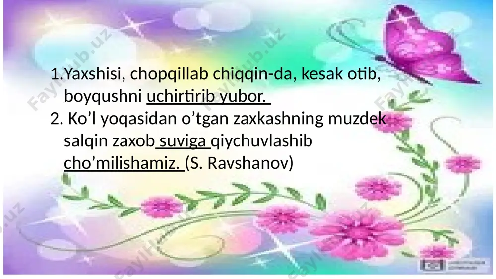 irdi. – e, qaldirg’ochmi u? yaxshi odamlarning uyiga in qo’yadi deyishadi... kampliment emas, quvvatjon... singlimmi uyida den rojdeniyada edik. uning eri shishkalardan. sudya. (sh. xolmirzayev) 2. hademay bir-ikkita sovlig’im qo’zilaydi. og’iz ichgali bemalol tashrif buyurishlaring mumkin. (sh. xolmirzayev) 3. akalari izidan samarqand borsa, «ko’nglim shuni xohladi, borib aytinglar otamga», – deb ularni qaytarib yuborgan ekan. (erkin a’zam) 4. yo’q, qorin janoblari to’qlar, ertalab baliq yegan edik, faqat choy bo’lsa kifoya, – dedi u kulib. (n. aminov) image1.png image2.jpg image3.png image4.png image5.png image6.png image7.jpeg image8.png image9.png image10.png