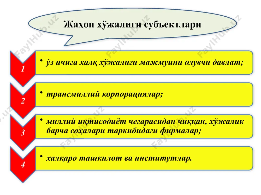 лаб чиқарилса, бошқа моделлари ақш нинг ўзида ишлаб чиқарилади. глобаллашув бу (лотинча globus – ер курраси) жаҳон хўжалигининг бутун маконини қамраб олувчи иқтисодий муносабатлар ягона тармоғининг ташкил топиши ва ривожланиши байналминаллашув эса – жаҳон хўжалигининг бир неча субъектлари ўртасидаги ўзаро алоқаларни ўрнатилиши ва ривожланишининг дастлабки босқичидир. глобаллашув жарарёнининг йўналишлари биринчи йўналиш мулкчилик муносабатларининг глобаллашуви. буларга трансмиллий корпорациялар (тмк), шунингдек тмкнинг халқаро бирлашмаларини мисол келтириш мумкин. иккинчи йўналиш кооперация ва меҳнат тақсимотининг нисбатан юқори даражасига ўтиш. масалан, “боинг” самолётини ишлаб чиқаришда бутловчи қисм ва деталларни мингга яқин хорижий фирмалардан олади. учинчи йўналиш хўжаликни ташкил этишнинг бутунлай янги шаклларининг пайдо бўлиши ва ривожланиши. масалан интернетнинг ривожланиши. тўртинчи йўналиш халқаро иқтисодий ташкилотларнинг тартибга солувчи роли ривожланади. глобалашуви жараёнларининг зиддиятли томонлари турли мамлакатлардаги иқтисодий ривожланишнинг бир текисда бормаслиги. бой ва қашшоқ мамлакатлар ўртасидаги фарқнинг кучайиши. экологик ҳалокат таҳдидларининг кучайиб бориши. турли мамлакатларда аҳоли сонининг ўзгаришининг фарқланиши. халқаро иқтисодий муносабатлар бу жаҳоннинг турли мамлакатлари ўртасидаги …