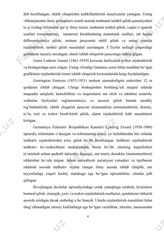 n. germaniya federativ respublikasi kansleri lyudvig erxard (1950-1960) iqtisodiy reformalar o`tkazgan va reformaning asosiy yo`nalishlaridan biri sifatida indikativ rejalashtirishni joriy qilish bo`lib hisoblangan. indikativ rejalashtirish indikativ ko`rsatkichlarni tasdiqlashdan iborat bo`lib, ularning bajarilishini ta`minlash uchun qudratli iqtisodiy, huquqiy, ma`muriy dastaklar (instrumentlarni) ishlatishni ko`zda tutgan. jahon iqtisodiyoti nazariyasi yutuqlari va tajribasini ishlatish asosida indikativ rejalar chuqur ilmiy asosda ishlab chiqilib, uni tayyorlashga yuqori kasbiy malakaga ega bo`lgan iqtisodchilar, olimlar jalb qilingan. rivojlangan davlatlar iqtisodiyotidagi yetuk yutuqlarga erishish, krizislarni bartaraf qilish, strategik, joriy va tezkor rejalashtirish usullarini, qoidalarini ishlatish asosida erishgan desak mubolag`a bo`lmaydi. ularda rejalashtirish masalalari bilan shug`ullanadigan zaruriy kafolatlarga ega bo`lgan vazirliklar, idoralar, muassasalar tashkil qilingan. barcha firmalar, kompaniyalar, korporatsiyalar, korxonalar prognozlash va rejalashtirish bilan shug`ullanadigan funksional boshqaruv organlariga ega. korxonalar, firmalar faoliyatini rejalashtirish ilmiy asoslangan holda tashkil qilinadi. chet el amaliyotida rejalashtirishni tashkil qilishni asosan ikki xil usuli ishlatiladi. birinchisi, «break-down» - yuqoridan pastga usuli, ikkinchisi, «buifd-up» - pastdan yuqoriga …