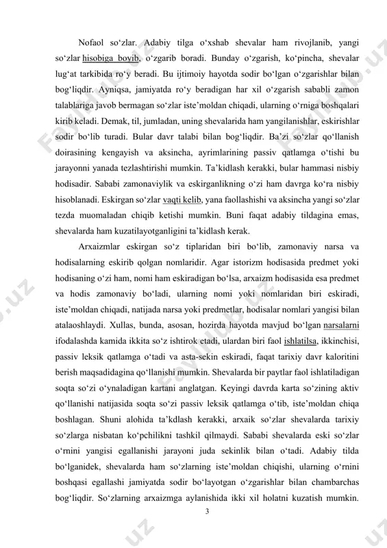 ‘tib, iste’moldan chiqa boshlagan. shuni alohida ta’kdlash kerakki, arxaik so‘zlar shevalarda tarixiy so‘zlarga nisbatan ko‘pchilikni tashkil qilmaydi. sababi shevalarda eski so‘zlar o‘rnini yangisi egallanishi jarayoni juda sekinlik bilan o‘tadi. adabiy tilda bo‘lganidek, shevalarda ham so‘zlarning iste’moldan chiqishi, ularning o‘rnini boshqasi egallashi jamiyatda sodir bo‘layotgan o‘zgarishlar bilan chambarchas bog‘liqdir. so‘zlarning arxaizmga aylanishida ikki xil holatni kuzatish mumkin. birinchisida, so‘z o‘zi eskirib, uning o‘rniga zamon taablariga mos keladigan boshqa so‘z ishlatilsa, ikkinchisida so‘zlar ma’nolaridan biri eskiradi, boshqa ma’nolari esa saqlanadi. shevalarda har ikkalasiga ham duch kelinadi. narsa, hodisa nomidan biri eskirgan so‘zlar-leksik arxaizmlar shevalarda ko‘pchilikni tshkil qiladi. qadimgi davrdan to hozirgacha shevalarda arxaizmga aylangan leksemalarga quyidagilarni kiritish mumkin: satil (chelak), talak (omborxona), madrapxana (xojatxona), tuzuv (taqinchoq), kaparat (magazin), lazim (ishton), dukart (qaychi), tirnaq (fundament), savax (ip), shangil//sarxum (kurshka), alam (bayroq), bandirga(chorraxa), karman (shlyapa), diyzil (avtobus), dabil‘ng‘ir (og‘ solinadigan idish) va hakazo. ijtimoiy tarixiy sharoit jamiyatda sodir bo‘layotgan o‘zgarishlar tilda ham o‘z aksini …