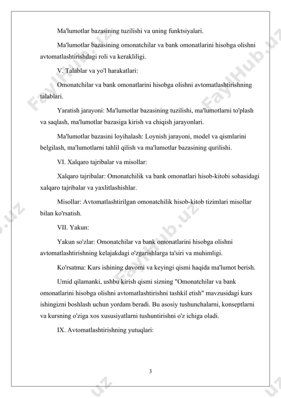 ilgan tizim, omonatchilik va bank omonatlaridagi xatolarni aniqlash, ularga tezlik bilan javob berish va muammolarni hal qilish uchun monitoring tizimini o'rnatishga imkon beradi. xi. tahlil va ma'lumotlardan foydalanish: ma'lumotlardan tahlil qilish: avtomatlashtirilgan hisob-kitob tizimi, omonatchilik va bank omonatlari hisoblaridagi ma'lumotlarni tahlil qilish uchun statistik analizlarni amalga oshirish va kerakli hisobotlarni tuzish imkoniyatini beradi. ma'lumotlardan foydalanish: avtomatlashtirilgan tizim, omonatchilik va bank omonatlari hisoblaridagi ma'lumotlarni omonatchilar, boshqaruv organlari va banklar tomonidan talab qilingan holatda foydalanish imkonini beradi. xii. xalqaro tajribalar va misollar: xalqaro tajribalar: omonatchilik va bank omonatlarini hisobga olishni avtomatlashtirish sohasidagi xalqaro tajribalar, yaxlitlashishlar va yutuqlar. misollar: dunyodagi omonatchilik tashkilotlarida amalga oshirilgan avtomatlashtirish jarayonlarini, muvaffaqiyatlarni va innovatsiyalarni ko'rish mumkin. nazariy qism mysql, yoki "my structured query language," o'nlab tashqi dastur tillar bilan ishlaydigan bir ma'lumotlar bazasi boshqaruv tizimi (dbms)dir. mysql tez, ishonchli va yuz beradigan, ochiq manbali ma'lumotlar bazasi tizimlari o'rtasida eng mashhuridir. quyida mysql haqida muhim ma'lumotlarni taqdim etaman: tashkil …