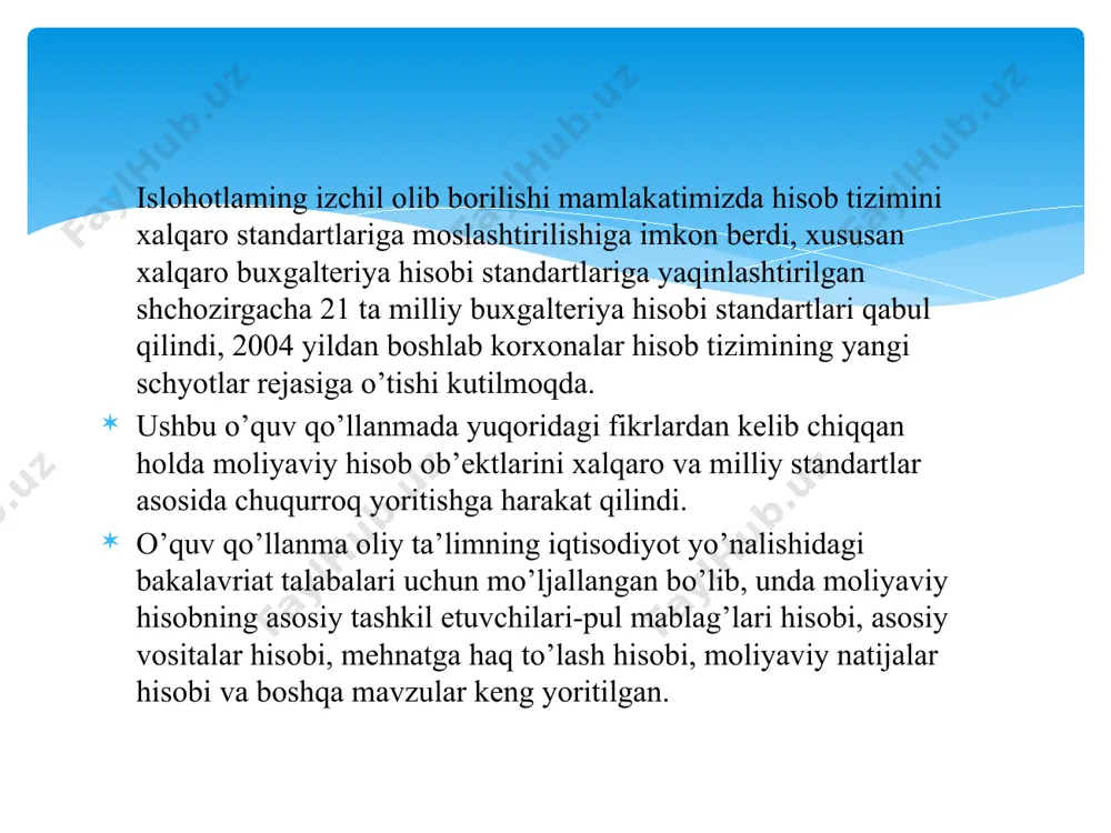 chek bilan berilganida; 6010 - mol etkazib beruvchilardan sotib olingan xom ashyo, tmzlar uchun qarz to’langanda; 6410 - soliqlar byudjetga o’tkazilganda. xo’jalik yurituvchi sub’ekt buxgalteriyasi hisob-kitob schyotdan ko’chirma va unga ilova qilingan hujjatlami har tomonlama tekshirgandan so’ng, hujjatlami qayta ishlash uchun liisublasli inasliiualaiiga beiadi. buxgulleiiyu hisubiuiug juiual-oidei shakliui qo’llovchi xo’jalik yurituvchi sub’ektlarda hisob-kitob schyotining krediti bo’yicha yozuvlar 2-jumal-orderga, debeti bo’yicha yozuvlar esa 2- vedomostga yozib boriladi. jumal-order va vedomostga yozuv bankdan olingan ko’chirma va unga ilova qilingan hujjatlar asosida yoziladi. jumal-order va vedomostning oylik jami summasi «bosh kitob»ga ko’chiriladi. har bir ishlab chiqarish birlashmasi uchun bankda hisob-kitob schyoti ochiladi. hisob- kitob schyoti bosh xo’jalik yurituvchi sub’ekt joylashgan tumanga xizmat qiluvchi bankda ochiladi. bosh xo’jalik yurituvchi sub’ektga qarashli filiallar uchun hisob-kitob schyoti subschyotlari yoki joriy (tekushiy) schyotlari ochiladi. birlashma hisob-kitob schyotidan birlashma faoliyati bilan bog’liq hamma operatsiyalar amalga oshiriladi. hisob-kitob schyoti subschyotlari yoki joriy schyotga birlashma hisob-kitob schyotidan mablag’ o’tkaziladi. mablag’ …
