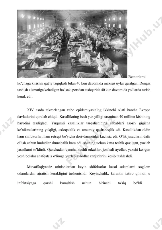 birga, yiringli qonli kontent bilan to'lgan shishaga aylanib ketadigan qizil rang paydo bo'ladi. pustul (vazikul) tezda yara hosil qiladi va oshqozon yarasini hosil qiladi. vaboning mikroblari kirib boradigan joy yaqinida joylashgan limfa tugunlarida bubonlar shakllanishi bilan yallig'lanish jarayoni mavjud. kasallikning o'pka formasi pnevmoniya (o'lat pnevmoniyasi) bilan ifodalanadi, bu havo etishmasligi, yo'tal va balg'amni qonli aralashmaga aylantirish bilan bog'liq. ingichka ichak devorida ko'pincha ich ketishi kuzatiladi, ko'pincha shilimshik va qorinning aralashmasi bilan. vaboning septsion ko'rinishi terida va shilliq pardalarida muhim qon ketishlar bilan birga bo'ladi. og'ir oqadi va tez-tez tananing umumiy intoksikatsiyasidan va ichki organlardagi lezyonlardan 2 dan 3 kungacha (o'pka shaklida) va 5 dan 6 kungacha (bubonik shakldagi) o'lik xarakterga ega. davolashning yo'qligi natijasida o'lim oqibati 99,9% ni tashkil qiladi. davolash davolash faqat maxsus shifoxonalarda amalga oshiriladi. agar bu kasallikdan shubha qilingan bo'lsa, bemorni ajratib olish, xonani dezinfektsiya qilish, dezinfektsiya qilish va dezinfeksiya qilish juda zarur. kasallik topilgan joyga karantin …